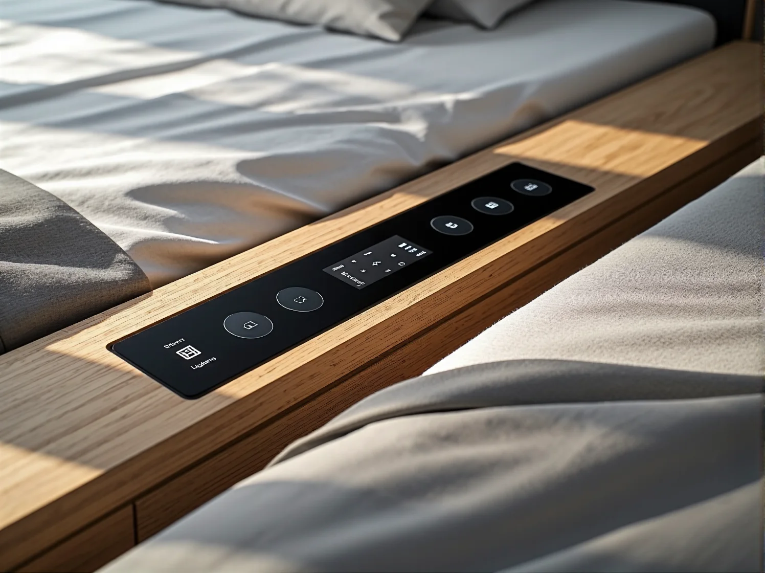 Tablet z aplikacją do sterowania funkcjami inteligentnego łóżka w przytulnej sypialni.