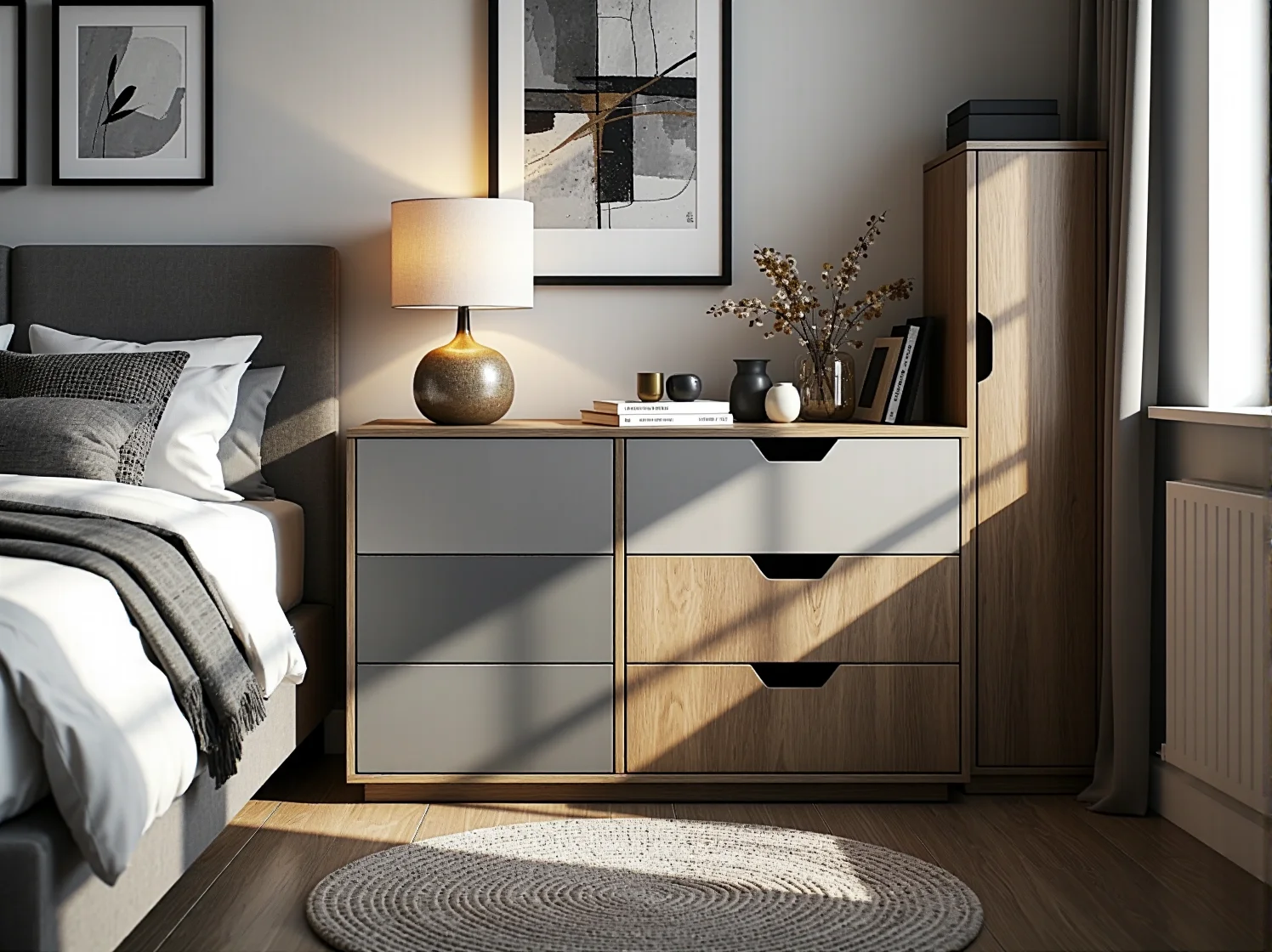 Stylowa aranżacja komody wielofunkcyjnej pełniącej rolę szafki pod telewizor w wąskim pokoju.