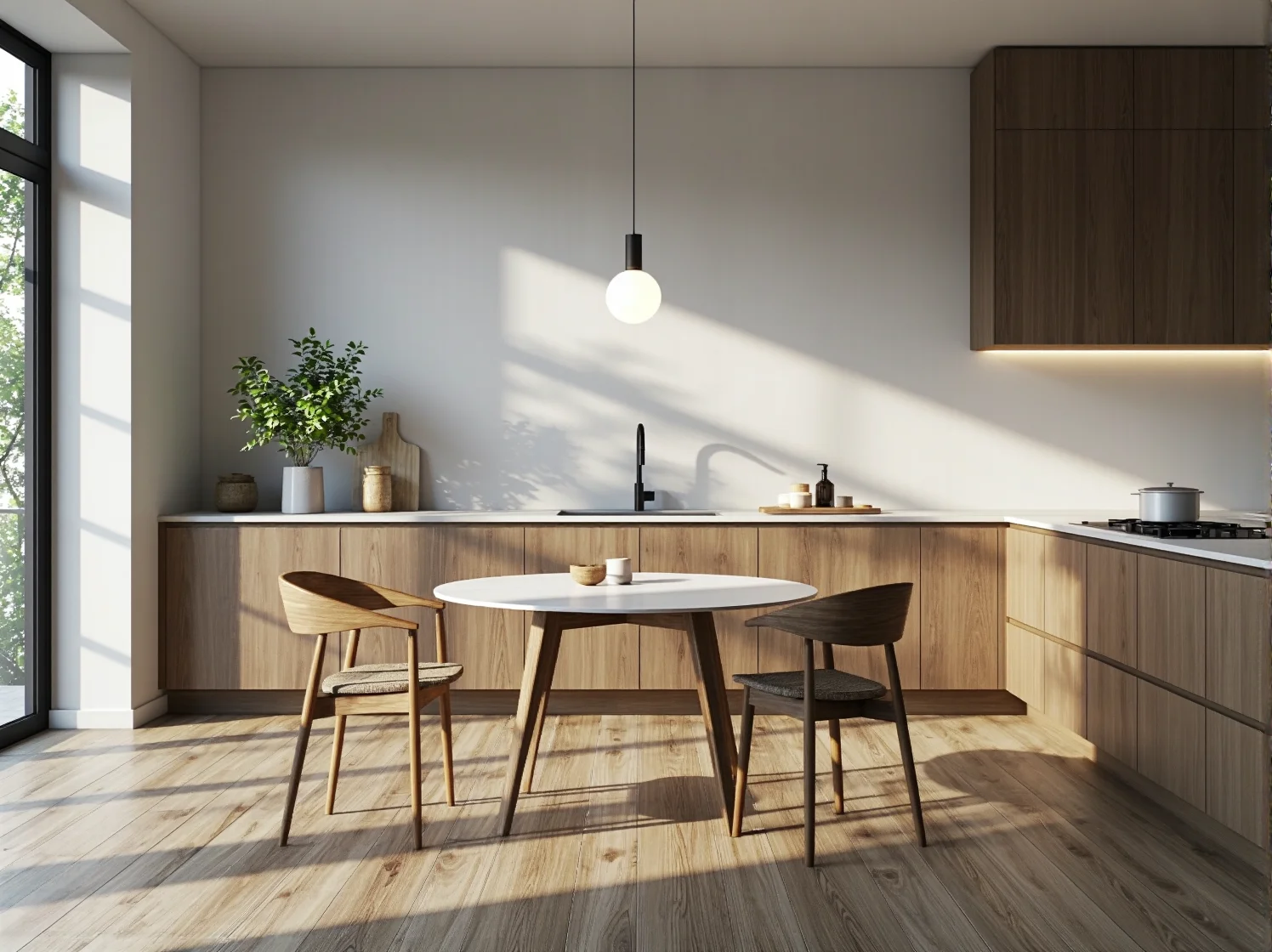 Zastosowanie naturalnego drewna w oszczędnej i nowoczesnej aranżacji kuchni.