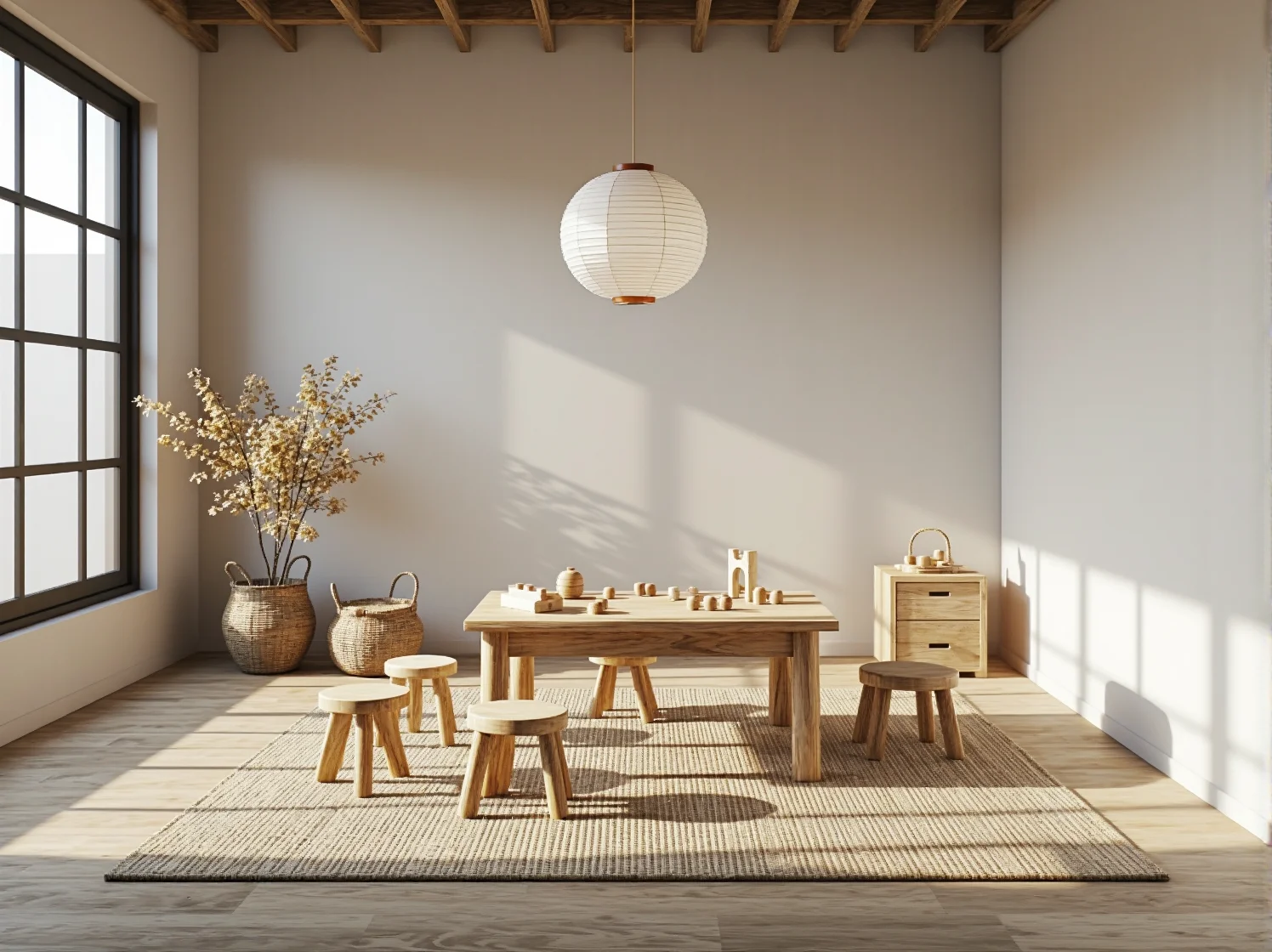 Gotowa aranżacja kącika dla niemowlęcia z odnowioną komodą w stylu japandi.