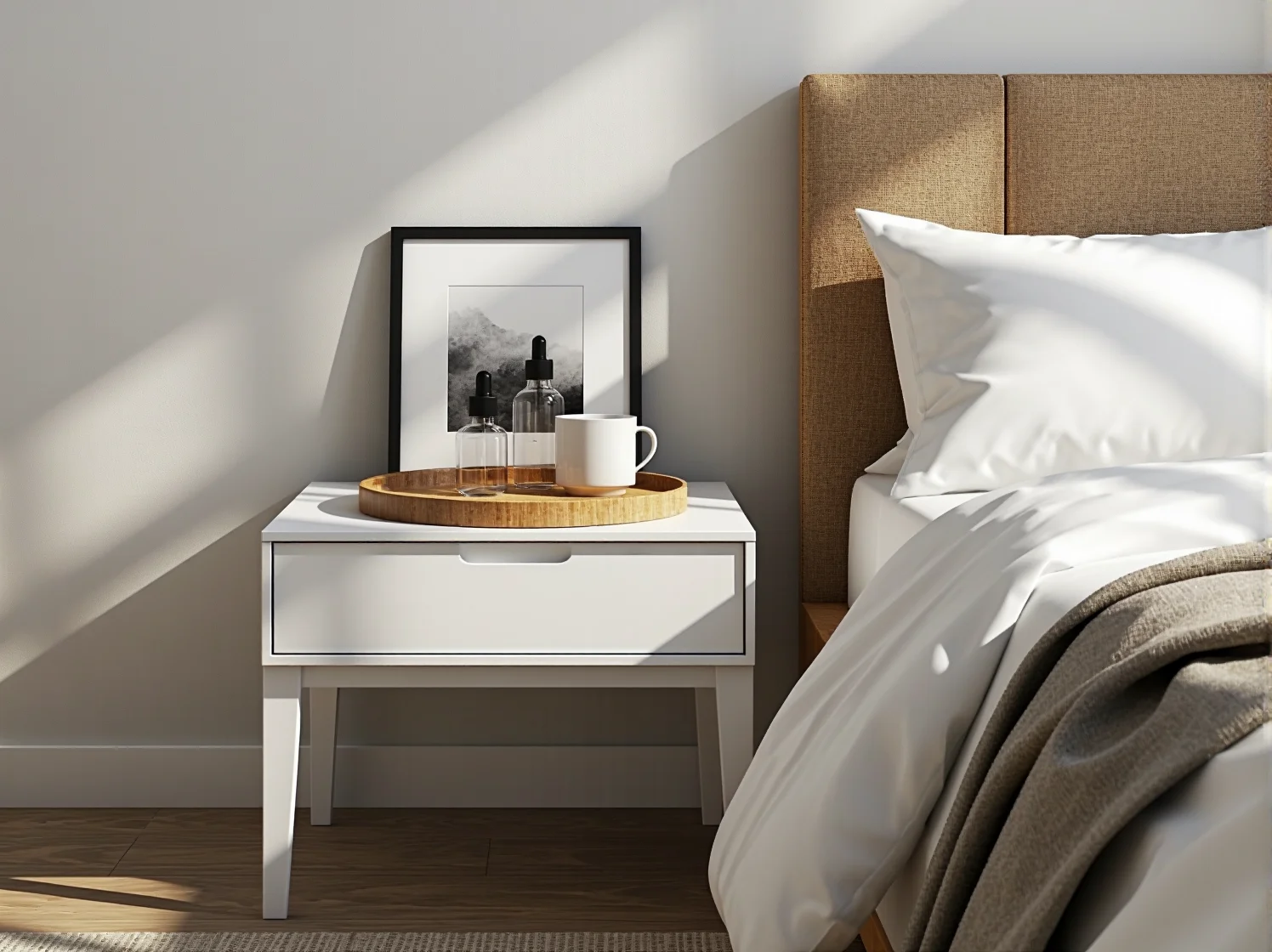 Nowoczesna aranżacja sypialni z odświeżoną szafką nocną w stylu nordyckim i roślinami