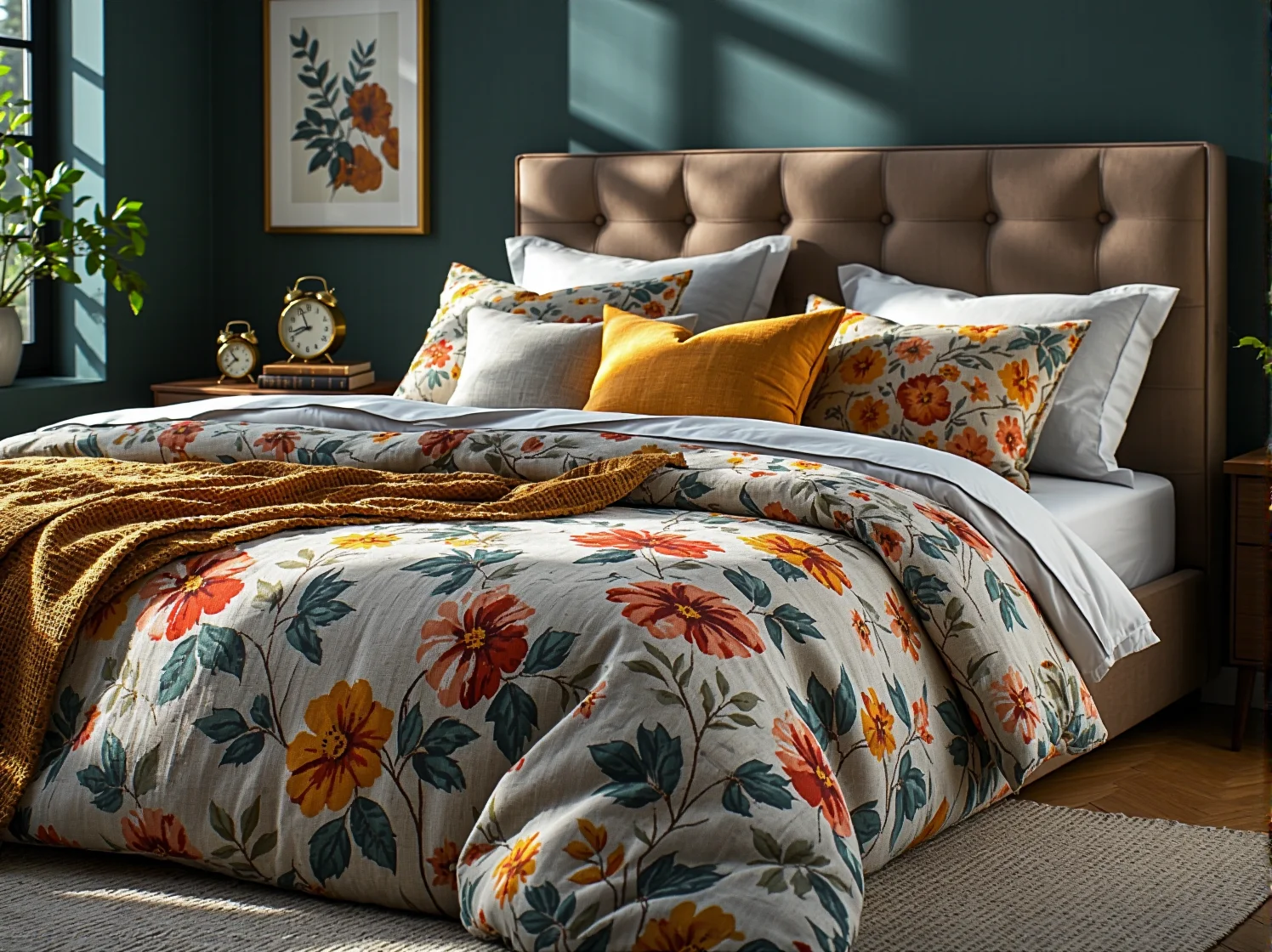 Przytulna sypialnia retro z dużym łóżkiem kontynentalnym, wzorzystą tapetą i stylowym dywanem