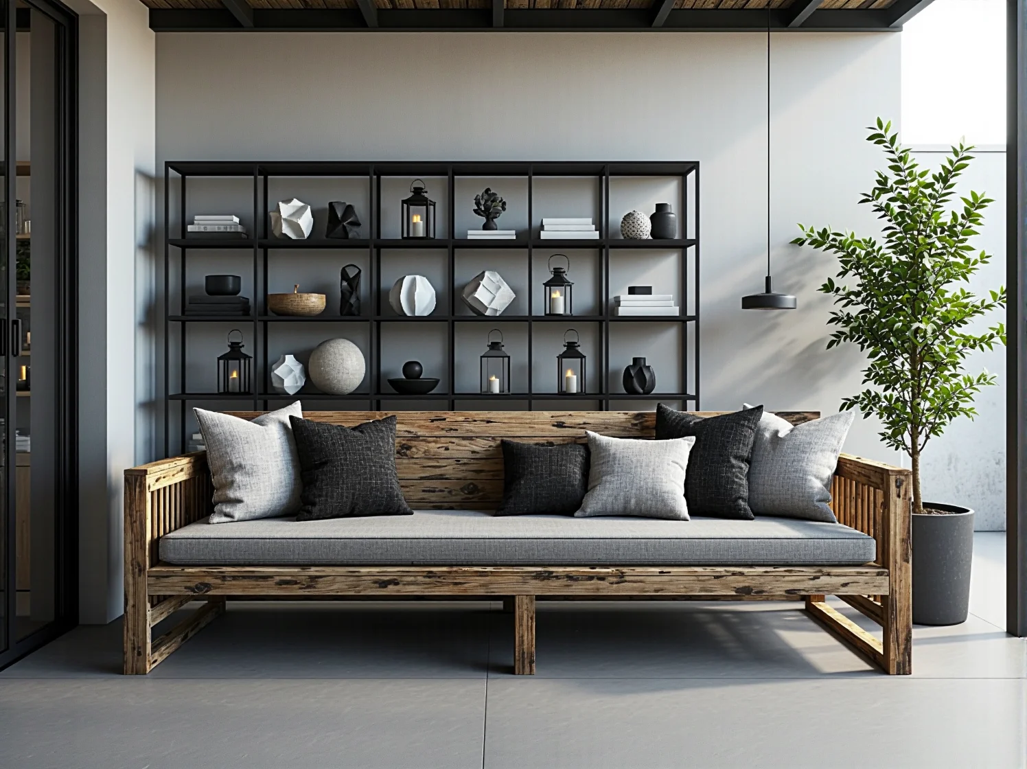 Wieczorny klimat na tarasie industrialnym z efektownymi lampami ściennymi i loftowymi dodatkami.