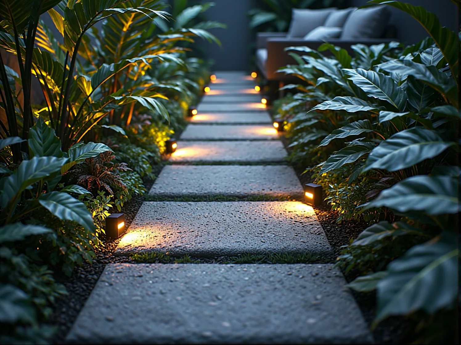 Bambusowe lampy ogrodowe wzdłuż ścieżki wśród tropikalnych roślin i palm.