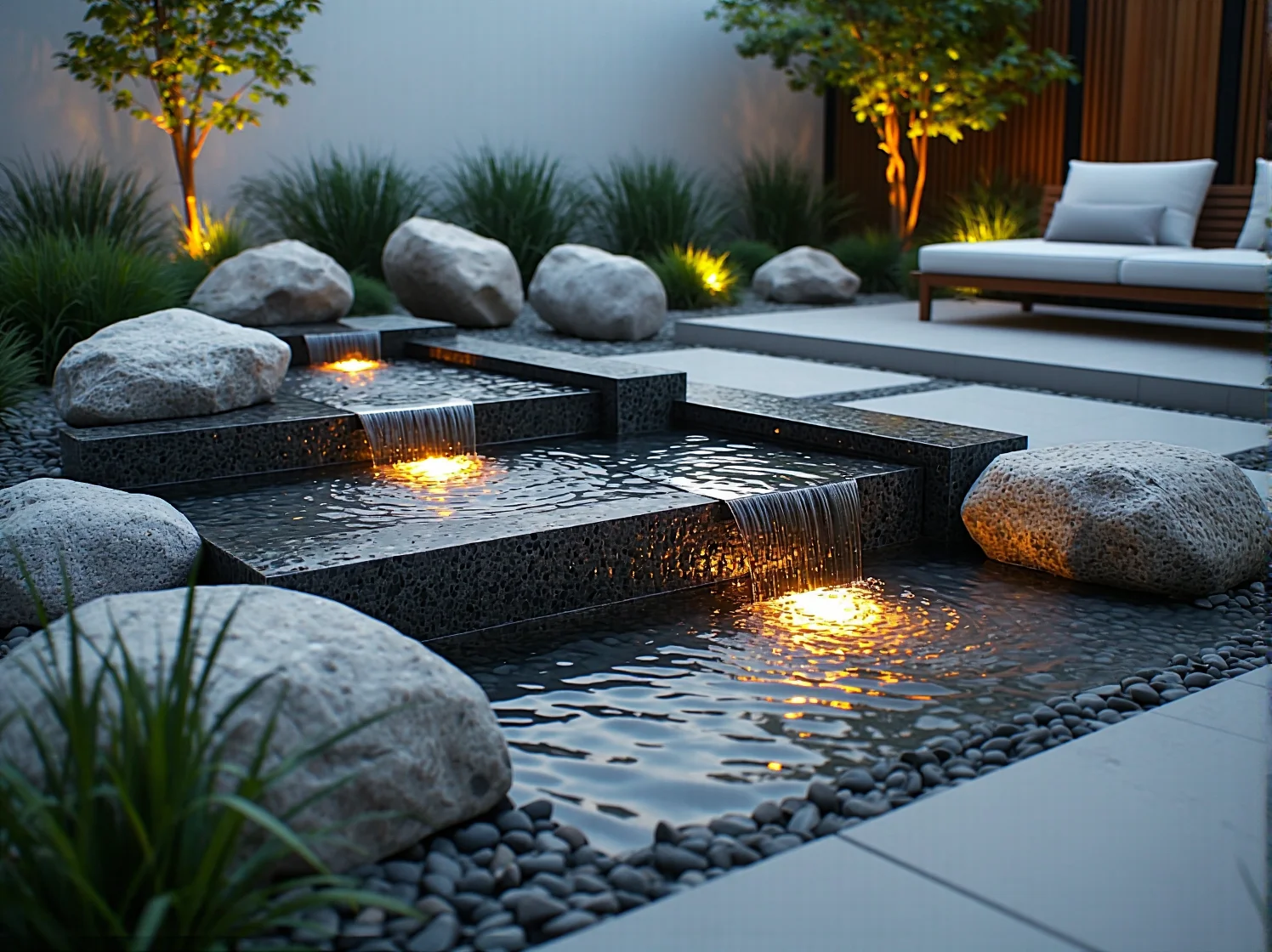 Ciepła barwa światła LED w strefie wypoczynkowej nowoczesnego tarasu i ogrodu.