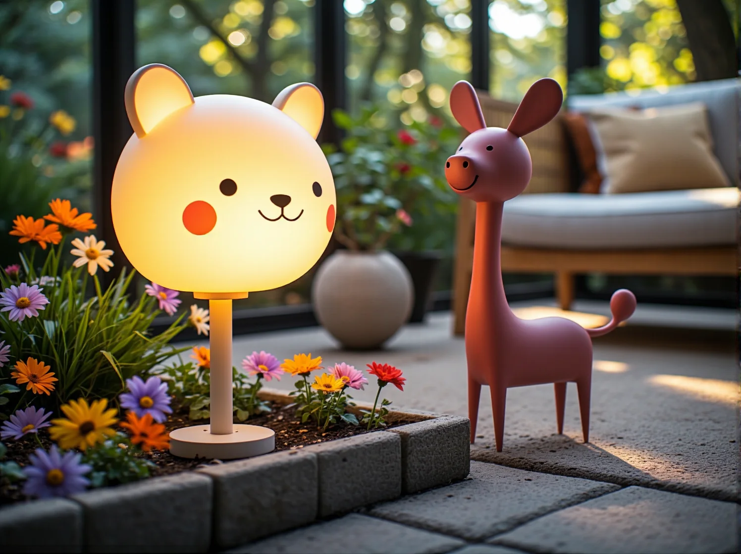 Bezpieczne oświetlenie ścieżki w ogrodzie dla dzieci z niskimi lampami solarnymi typu słupek.