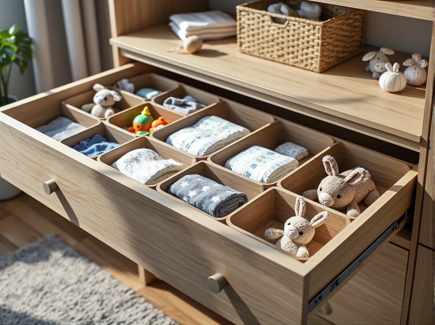 Biała komoda dziecięca z organizerami ułatwiająca segregację ubranek niemowlęcych.