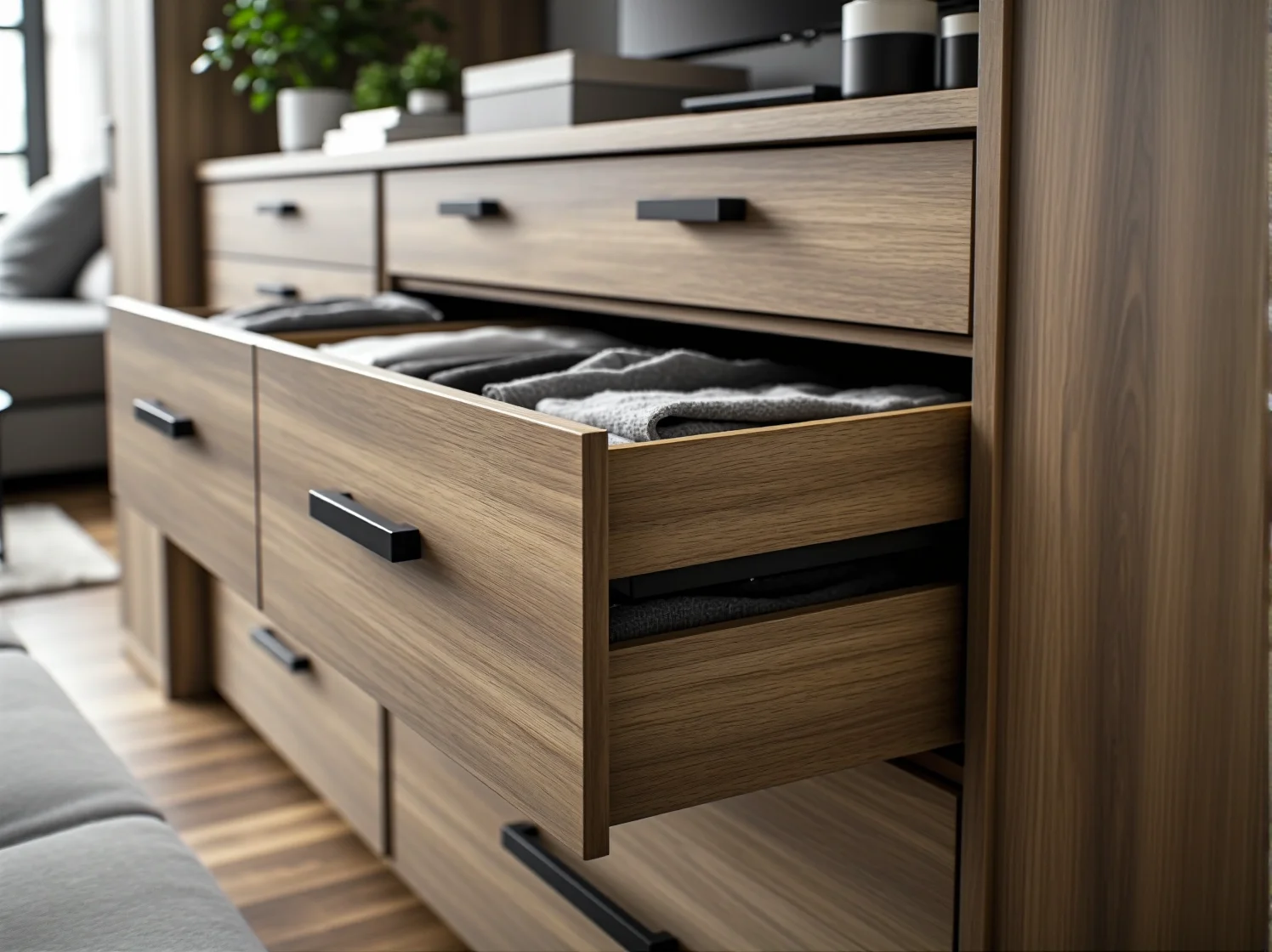 Minimalistyczna biała komoda na nóżkach, która optycznie powiększa przestrzeń w małym mieszkaniu.