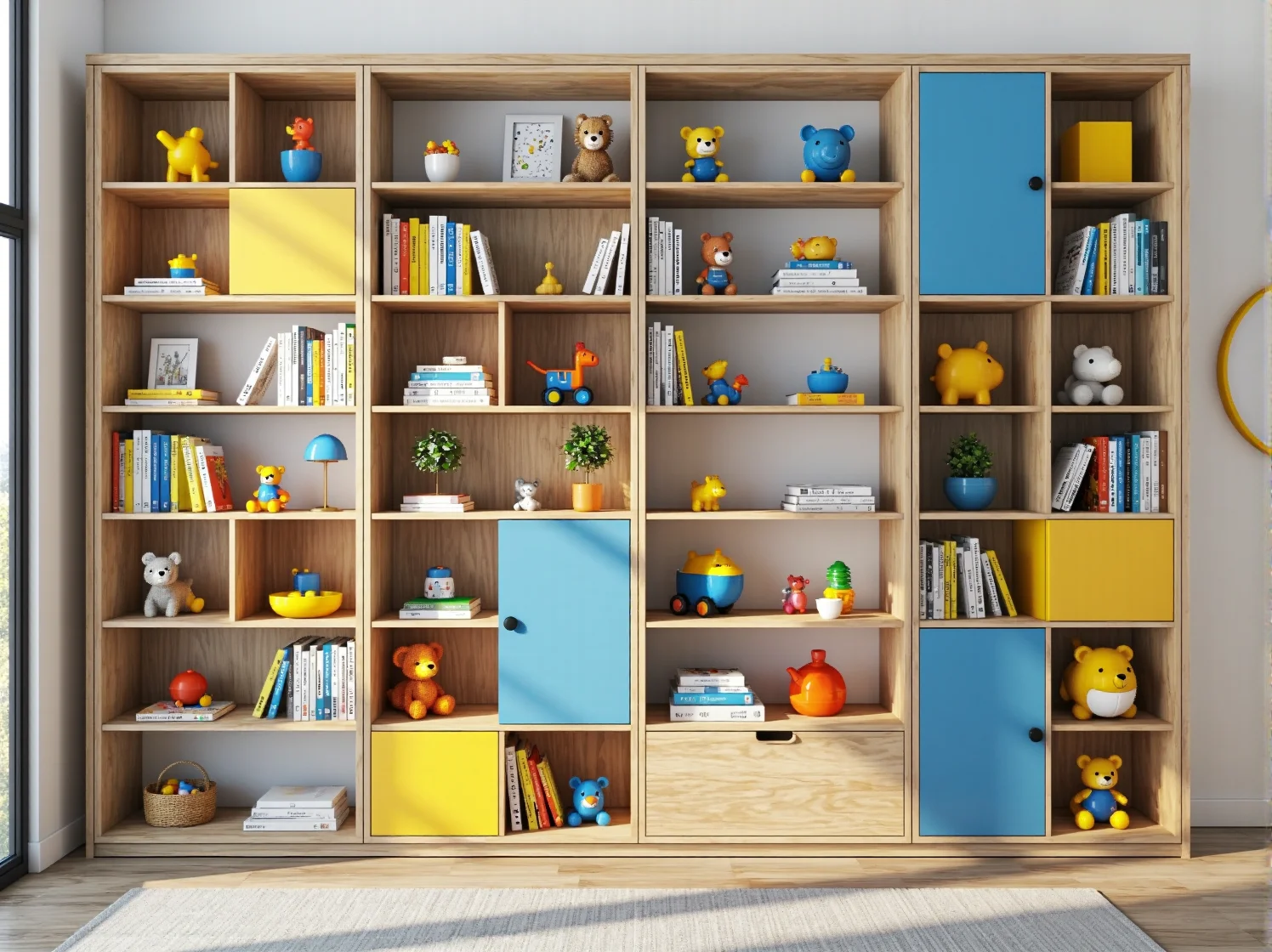 Kącik zabaw dla malucha oddzielony regałem od strefy nastolatka w pokoju dziecięcym.