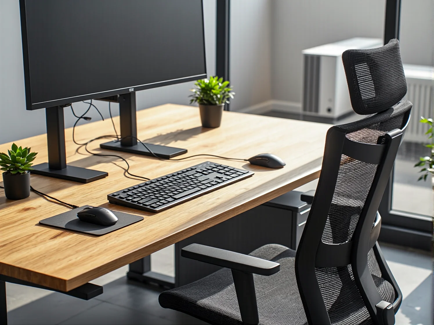 Pracownik biurowy korzystający z biurka ergonomicznego w pozycji stojącej w open space.