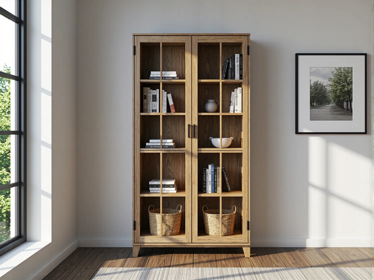 Montaż drewnianych półek do ramy starych drzwi podczas tworzenia unikalnego mebla DIY.