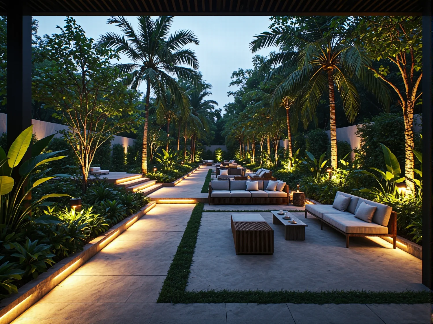 Ciepłe światło lamp ogrodowych przy tropikalnej ścieżce z liśćmi monstery i paproci.