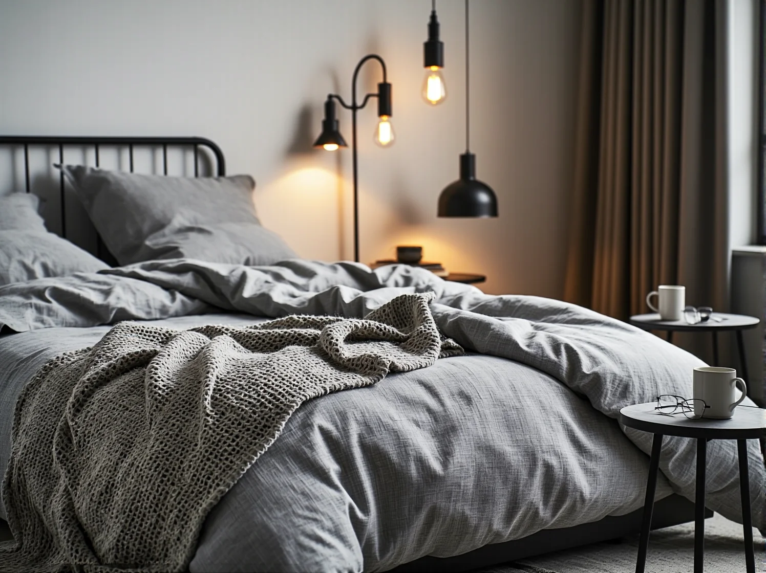 Czarna industrialna lampa wisząca w surowym wnętrzu sypialni