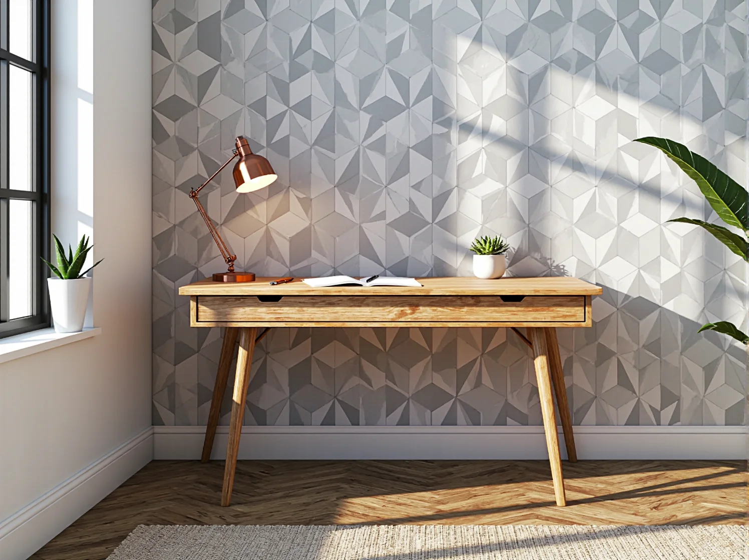 Minimalistyczne dekoracje i ceramiczne wazony na regale odnowionym w stylu skandynawskim.