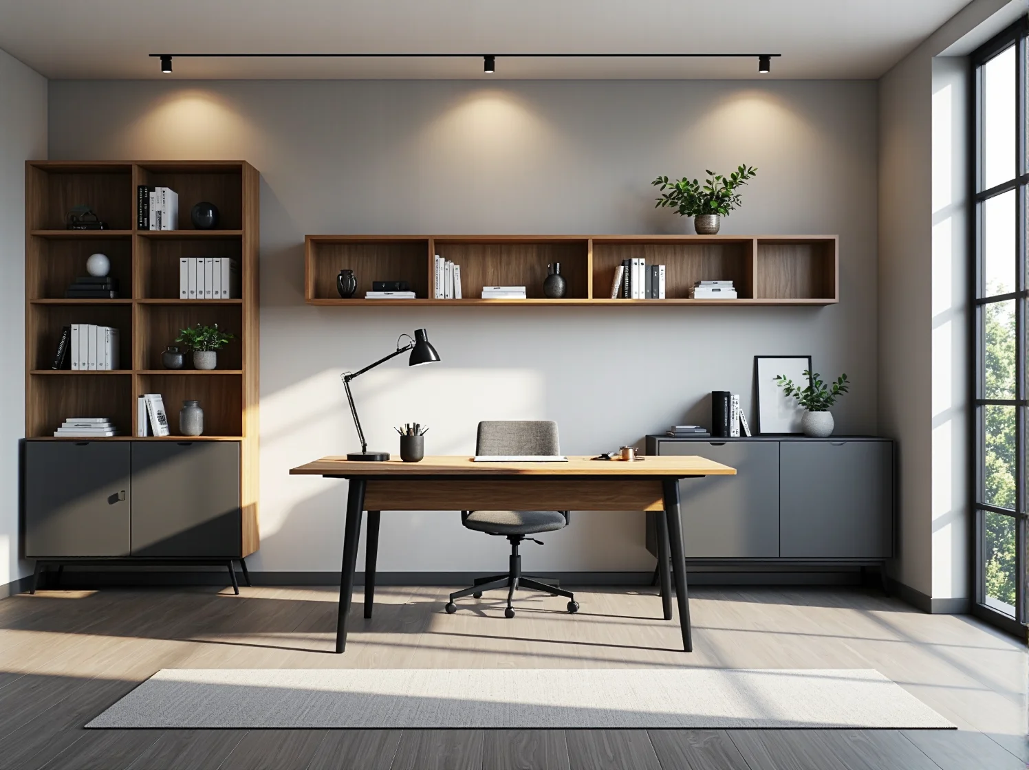 Detal panelu sterowania dźwiękiem w designerskim biurku z krystalicznie czystym brzmieniem