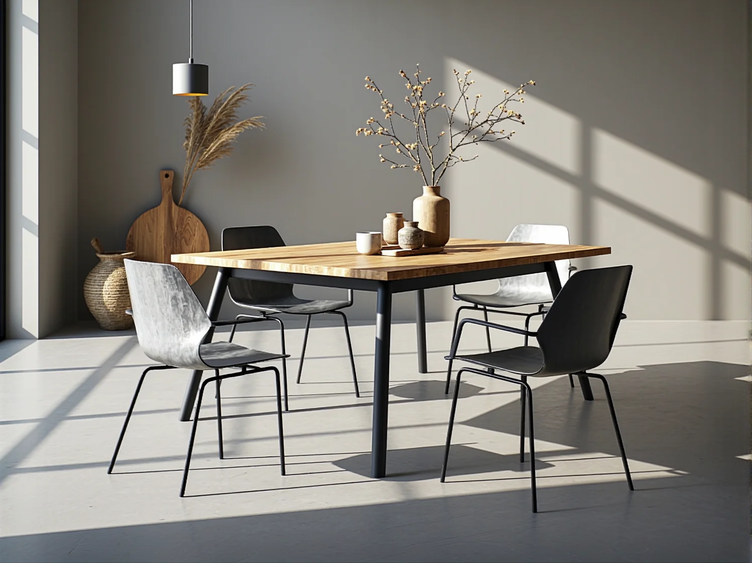 Zestaw designerskich krzeseł z recyklingu przy stole – nowoczesne i trwałe meble ekologiczne.