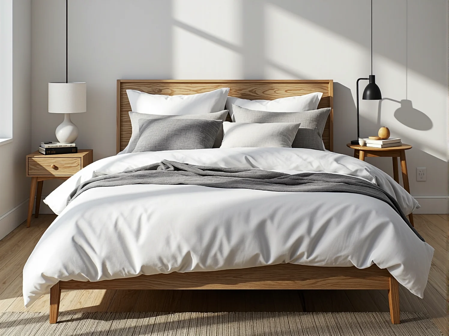 Detale z jasnego drewna i metalu w minimalistycznym regale skandynawskim