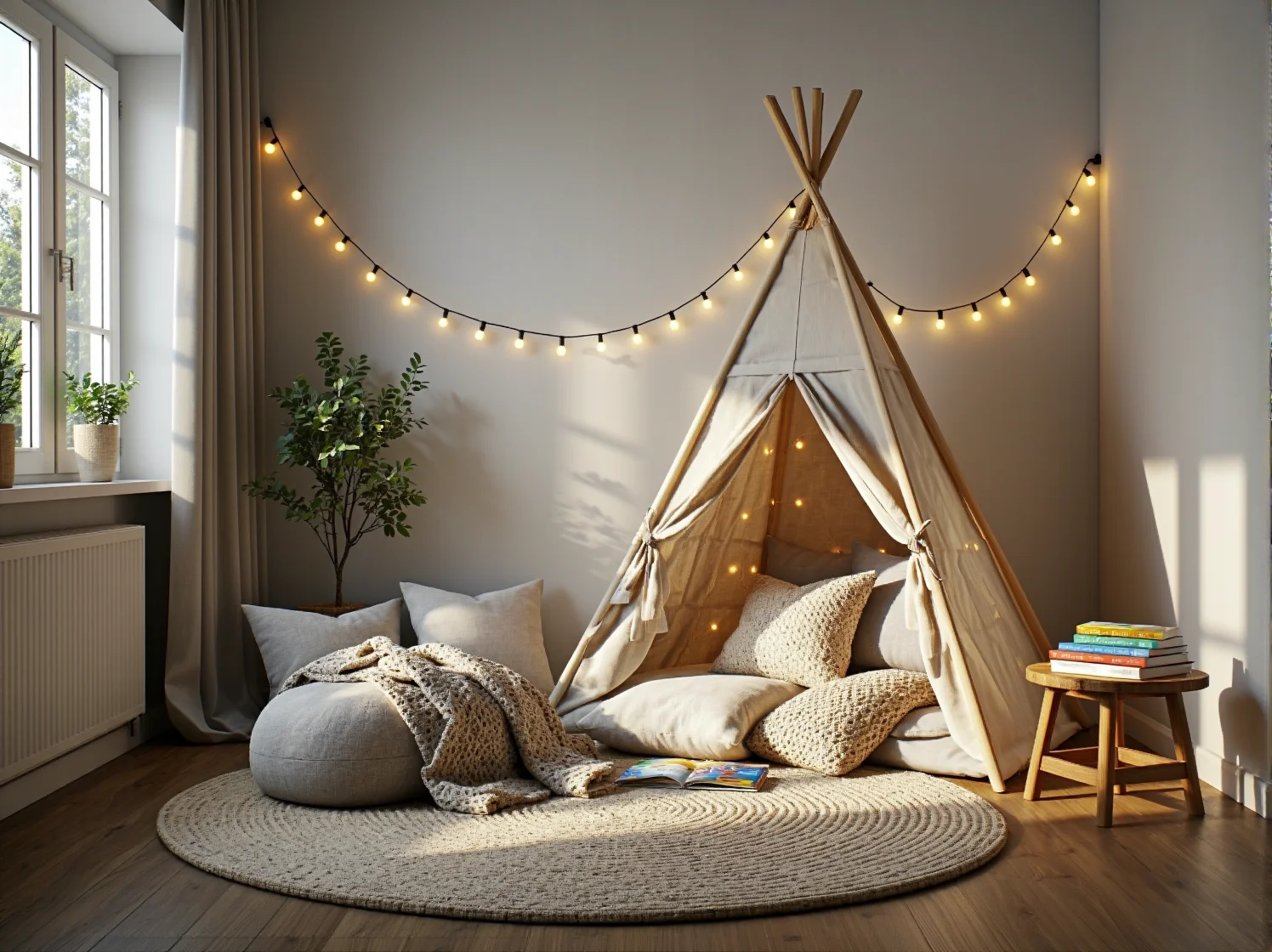 Ekologiczne zabawki i wiklinowe kosze do przechowywania w pokoju dziecka w stylu skandi.