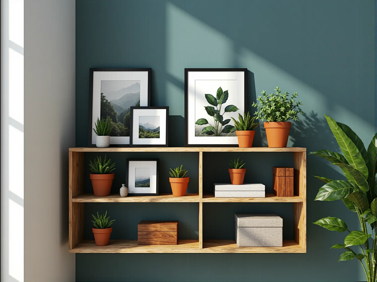 Drewniany regał narożny z książkami i dekoracjami, stylowa aranżacja kąta w salonie.