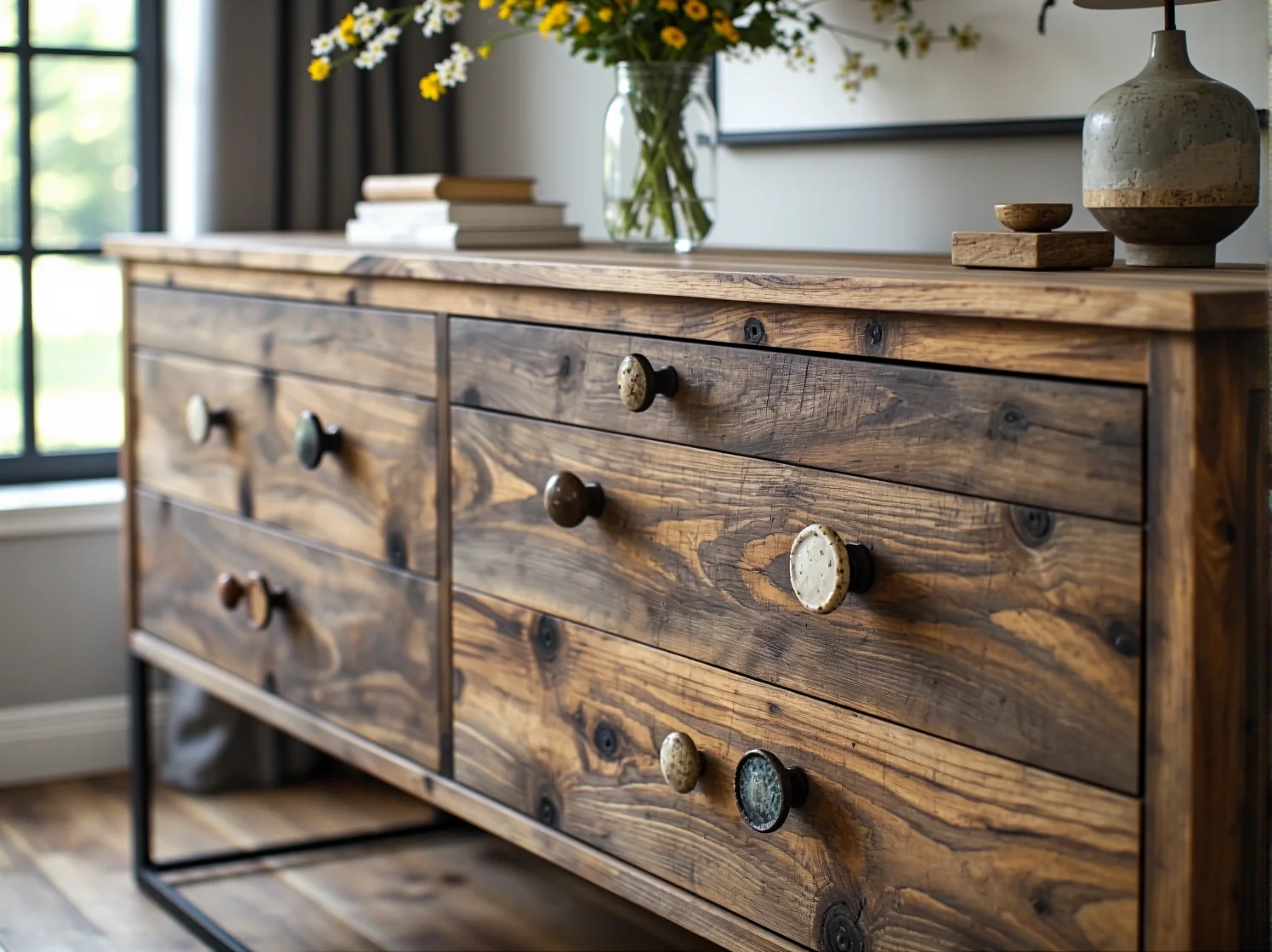 Zbliżenie na fakturę drewna z odzysku wykorzystanego do produkcji ekologicznego stołu jadalnianego.