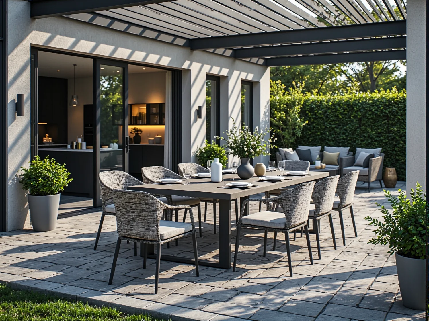 Aranżacja tarasu w stylu glamour z eleganckim oświetleniem i meblami klasy premium.