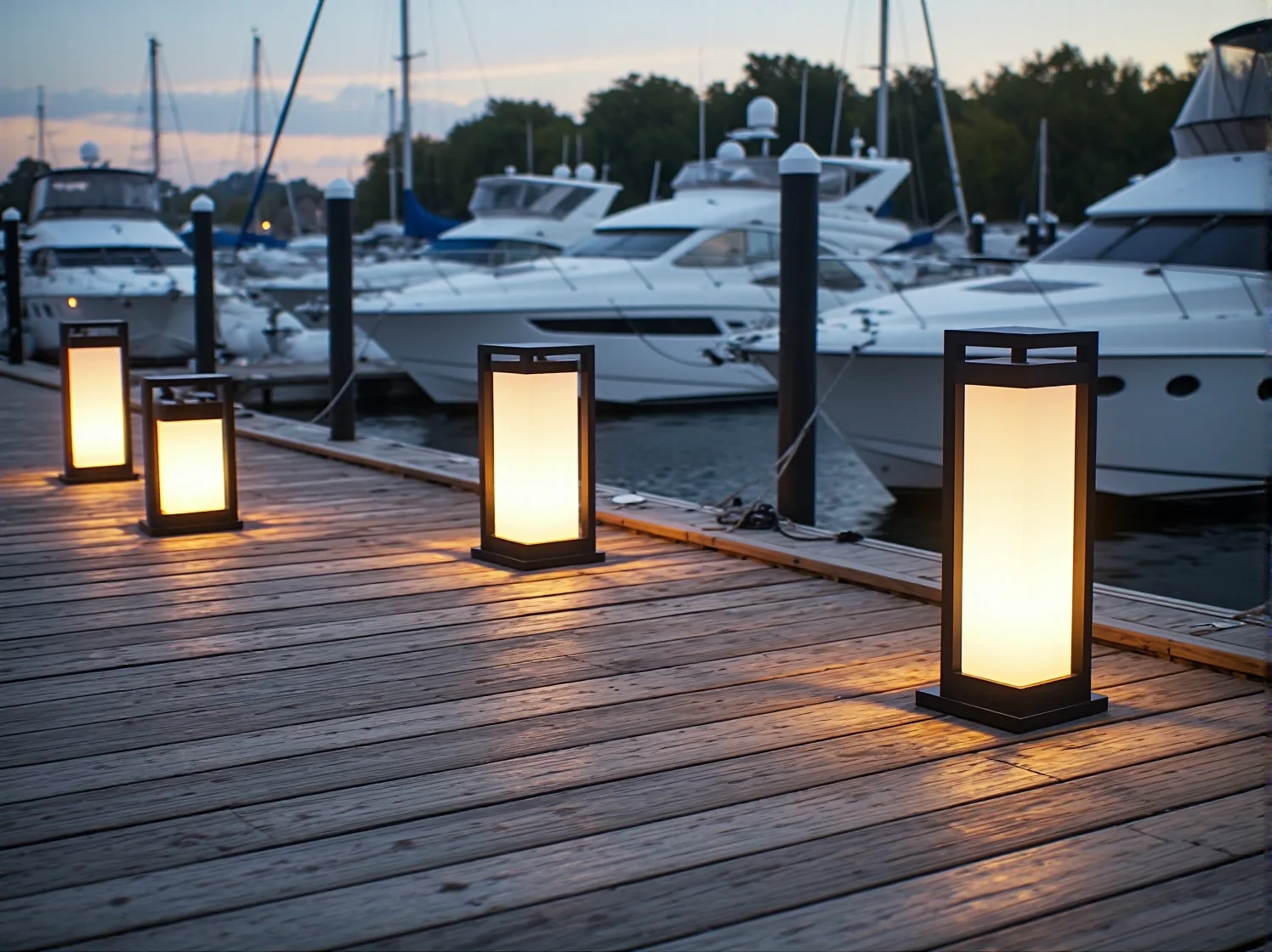 Nastrojowe i energooszczędne oświetlenie LED ścieżki nad wodą w nowoczesnej przestrzeni wypoczynkowej.