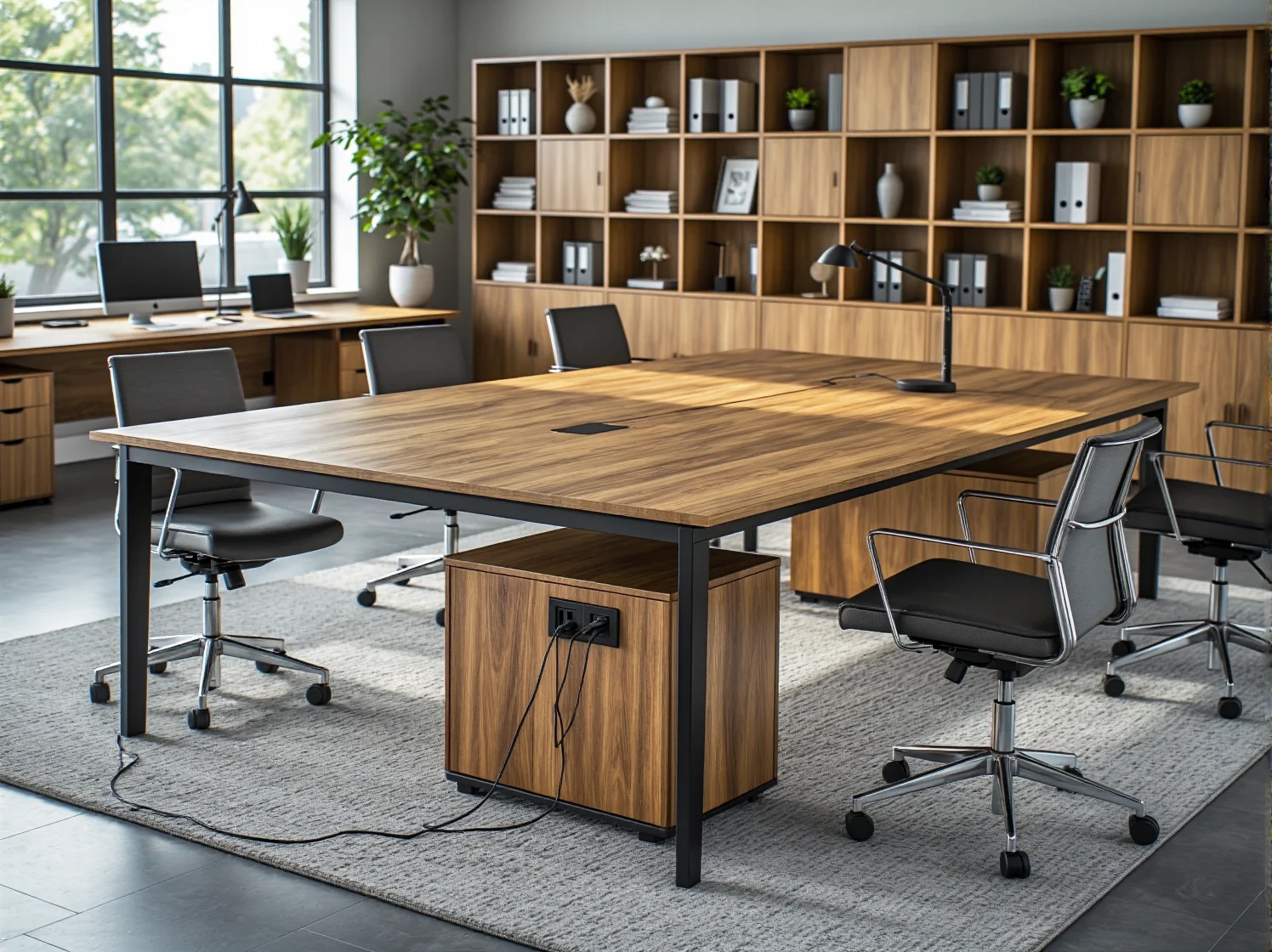 Ergonomiczne meble biurowe i wygodne krzesła w nowoczesnym biurze coworkingowym.