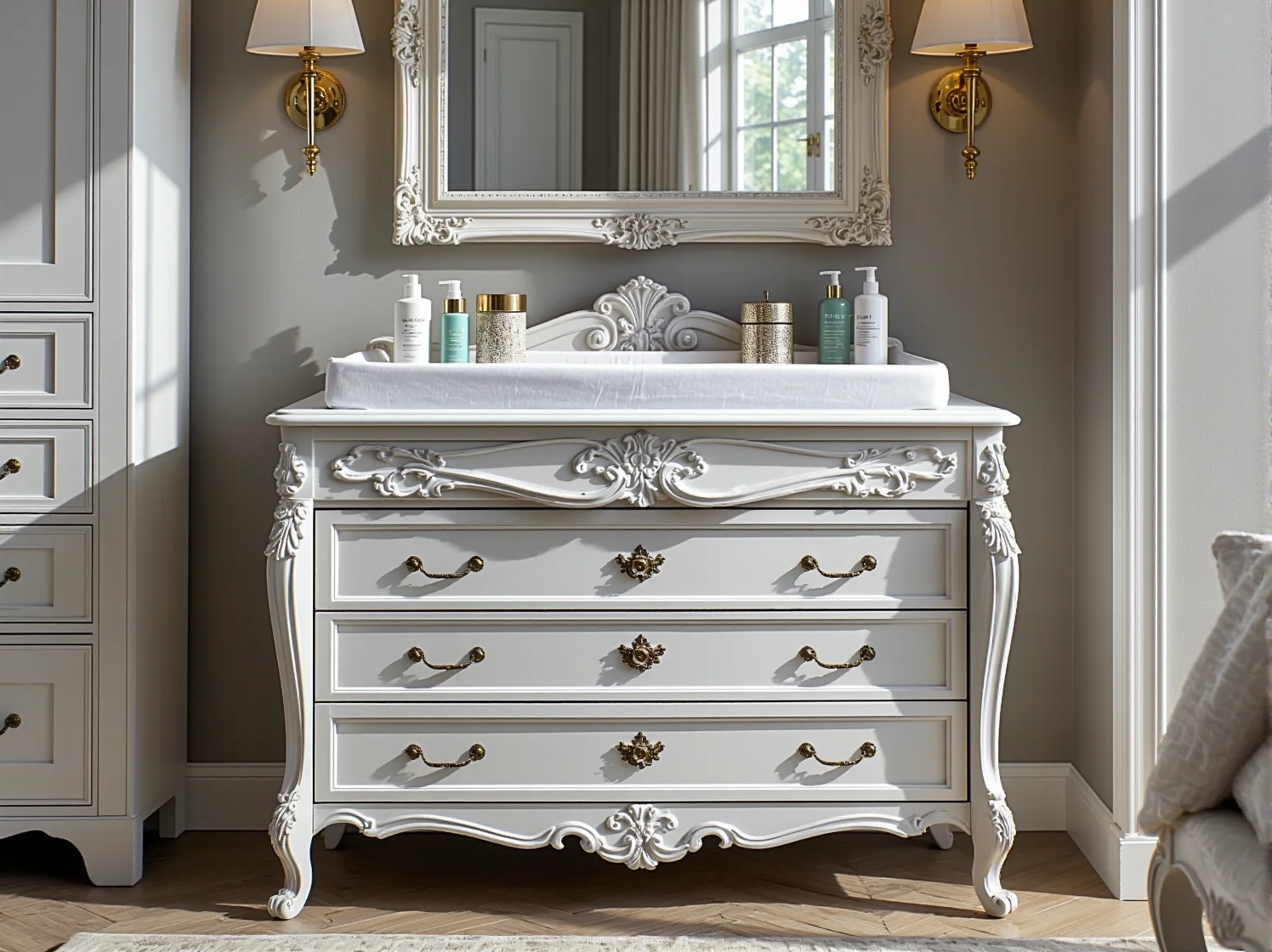 Przytulny kącik do karmienia w pokoju niemowlęcym z welurowym fotelem i miękkim dywanem.