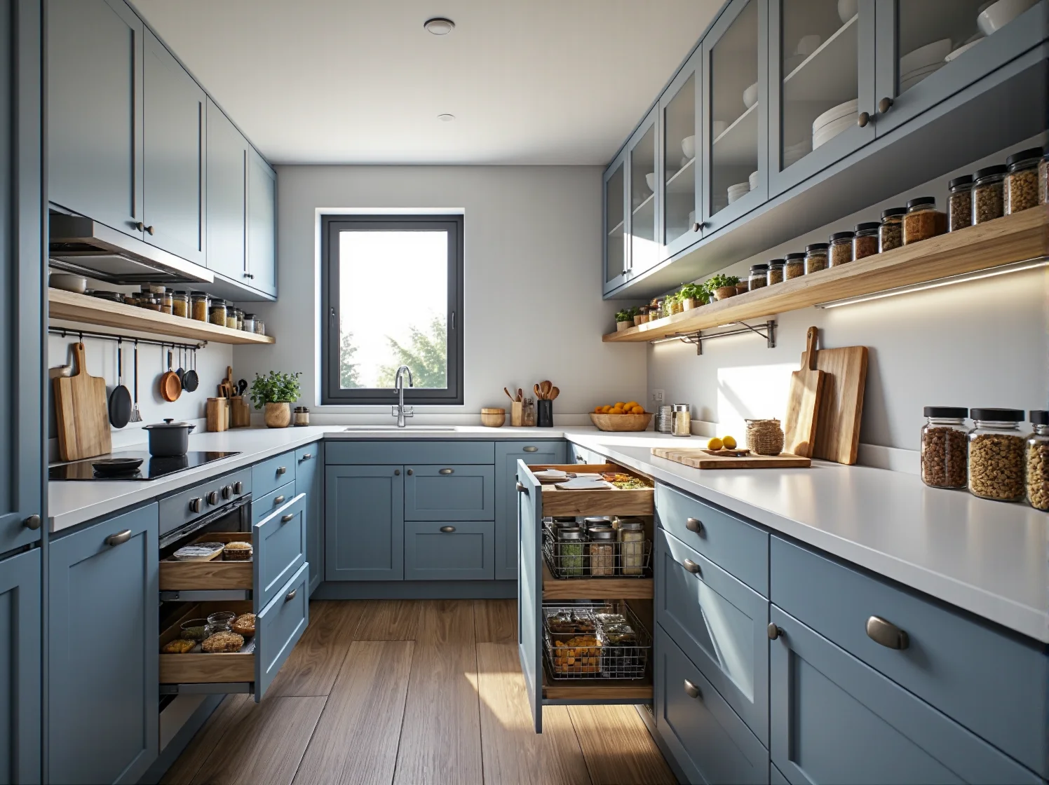 Jasna aranżacja małej kuchni z oknem i sprytnym systemem przechowywania w szafkach.