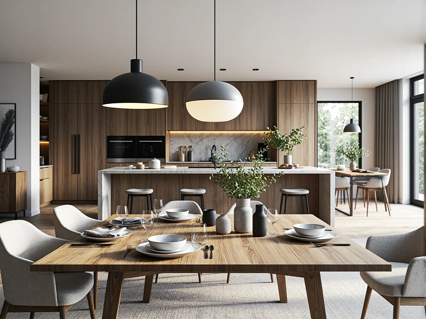 Funkcjonalna otwarta przestrzeń z modnym regałem oddzielającym strefę wypoczynku.