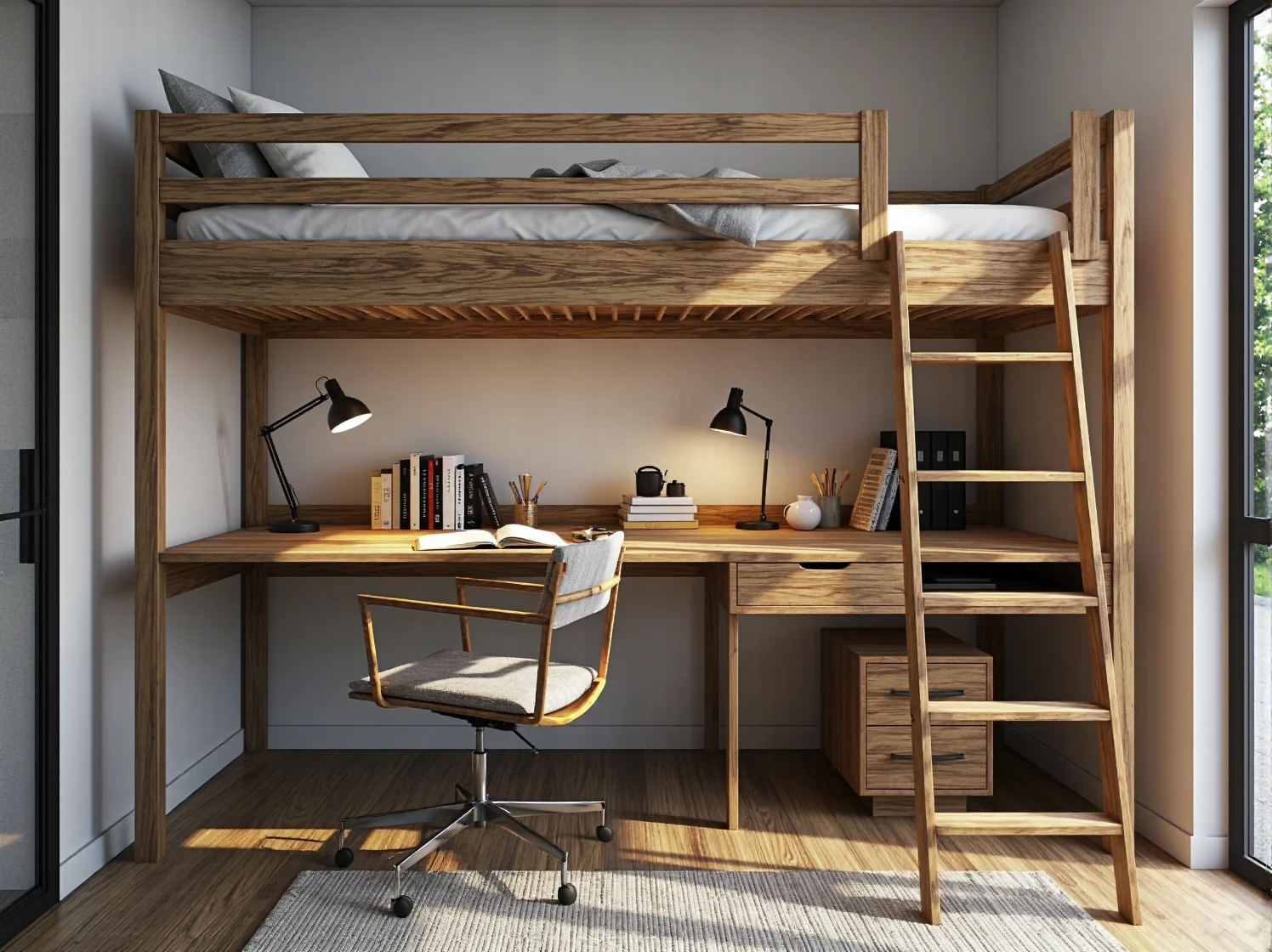 Funkcjonalna strefa nauki z biurkiem dla starszego dziecka we wspólnym pokoju rodzeństwa.