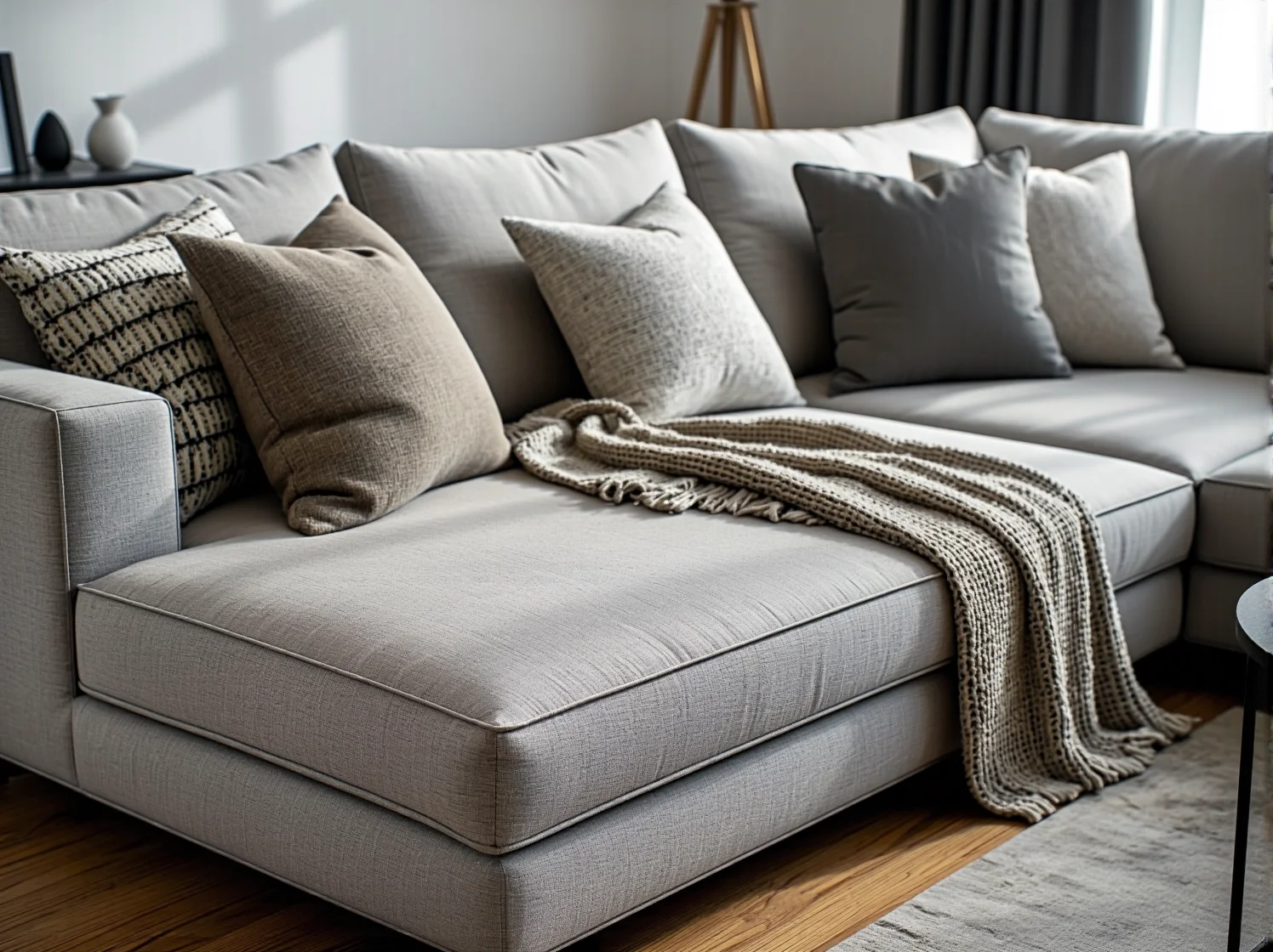 Funkcjonalny narożnik modułowy w dużym salonie, pozwalający na elastyczną aranżację przestrzeni