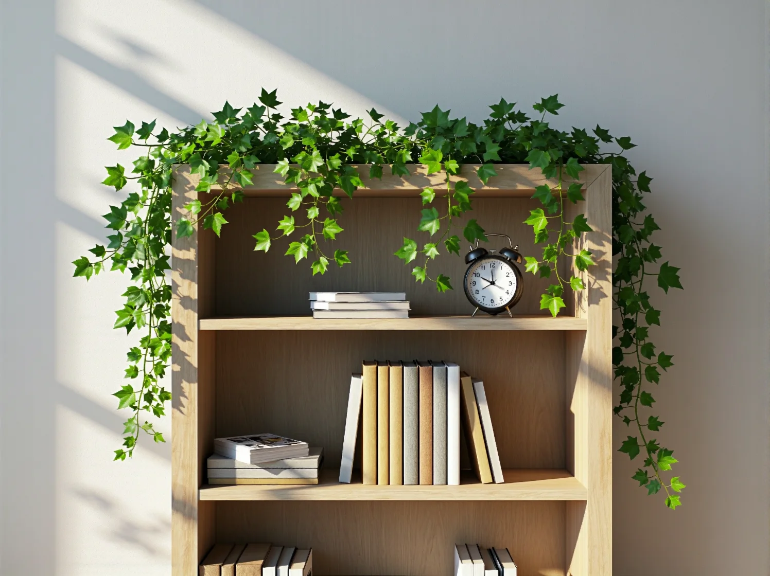 Stylowy regał z odzysku wykonany ze starych drzwi udekorowany książkami i kwiatami.