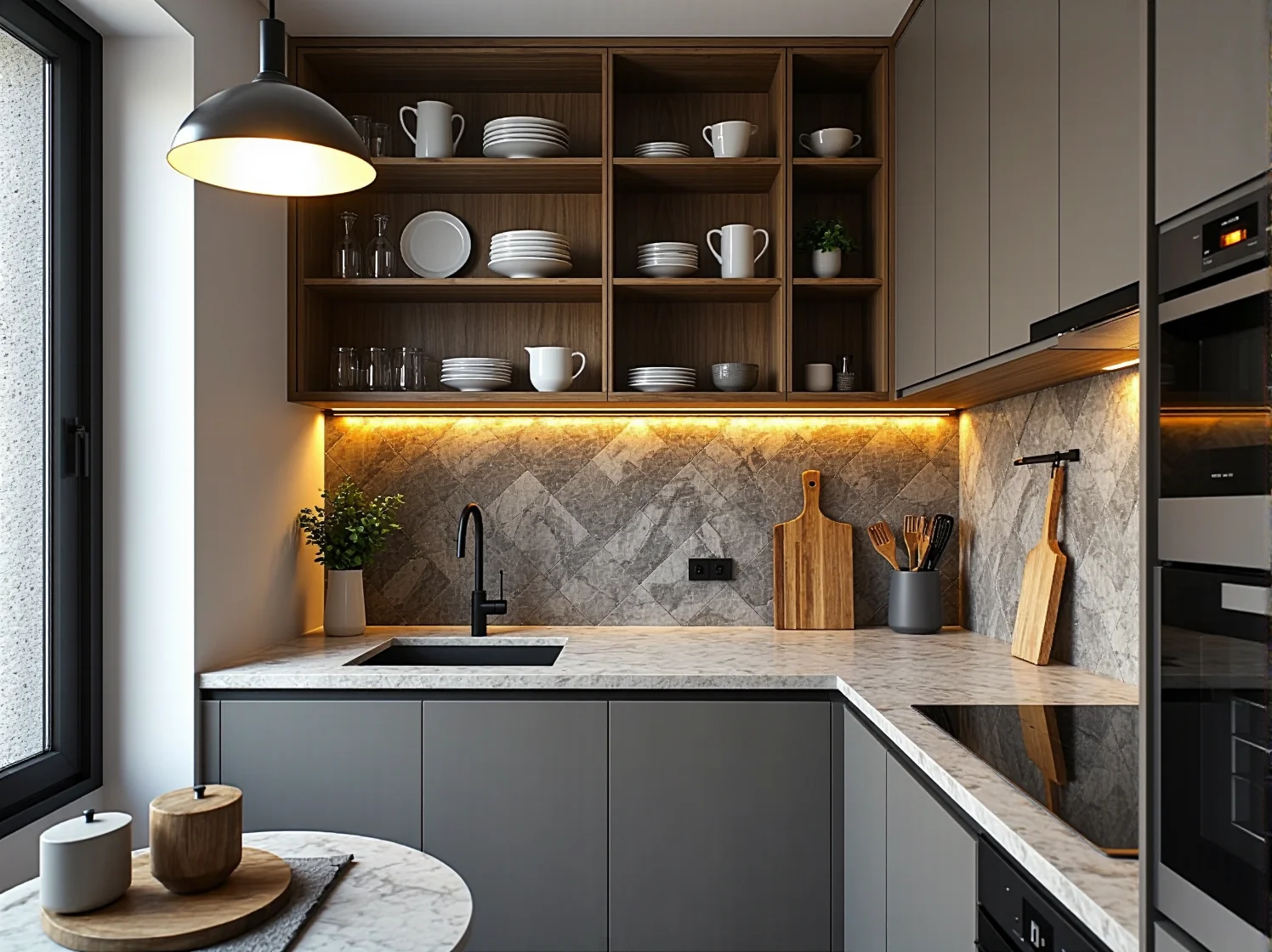 Jasna barwa światła w małej kuchni tworząca wrażenie przestronności i czystości.