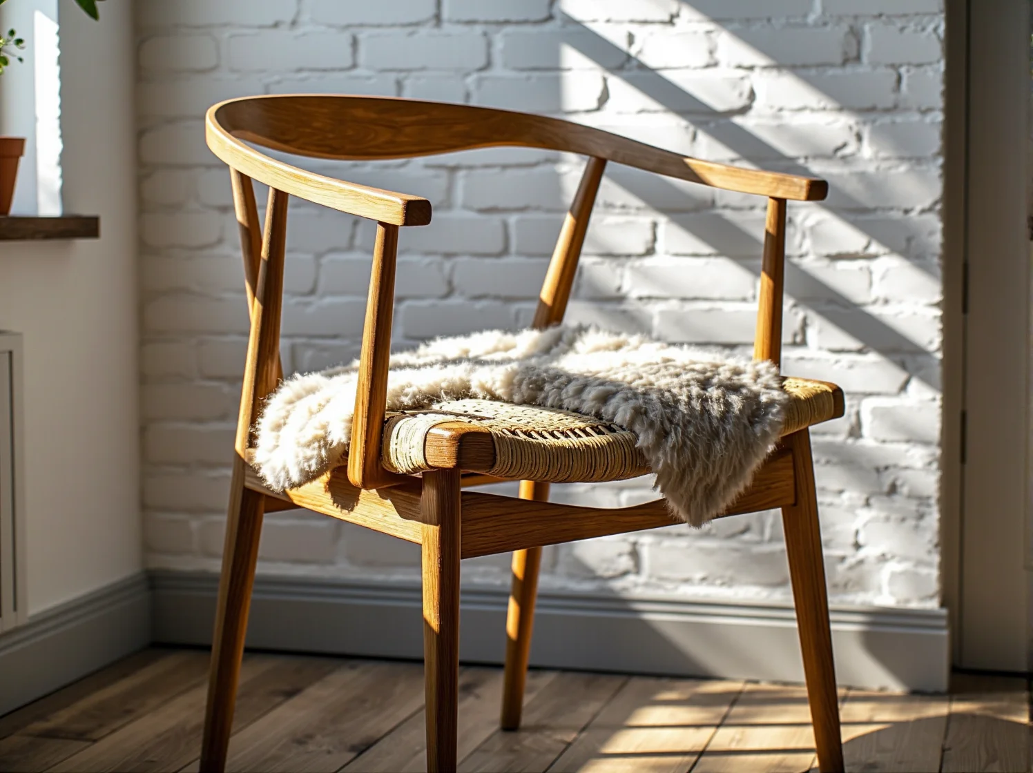 Nowoczesna jadalnia skandynawska z naturalnymi dodatkami i jasną paletą kolorystyczną.