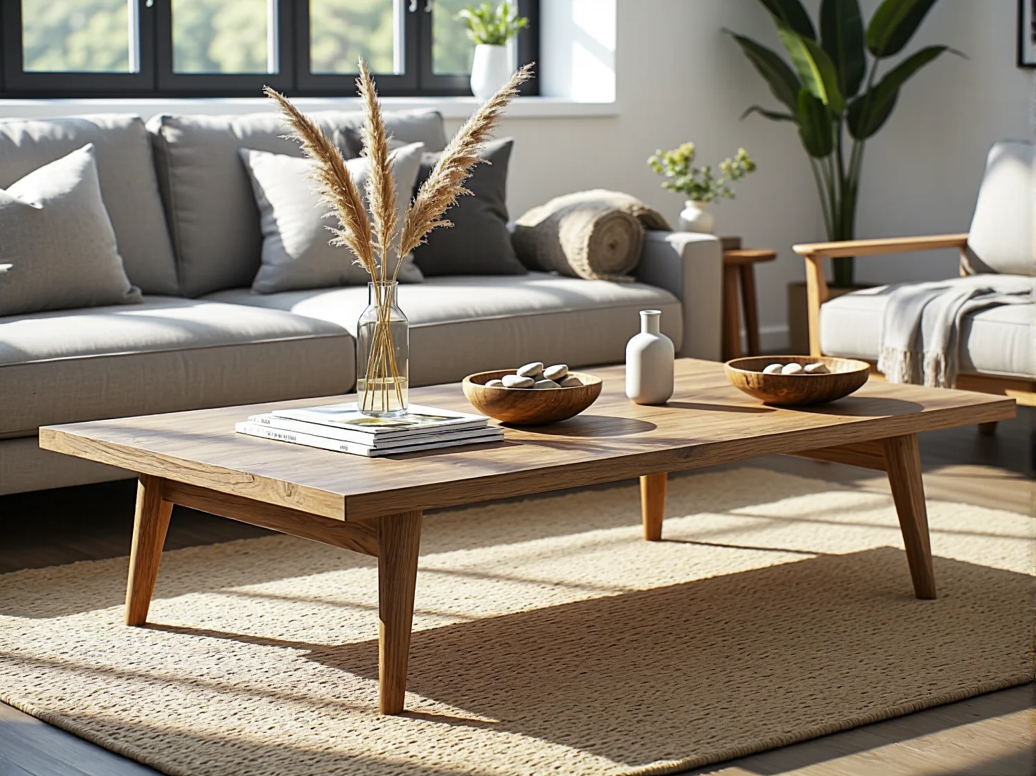 Jasny salon z meblami z odzysku w stylu skandynawskim i nowoczesnym oświetleniem.