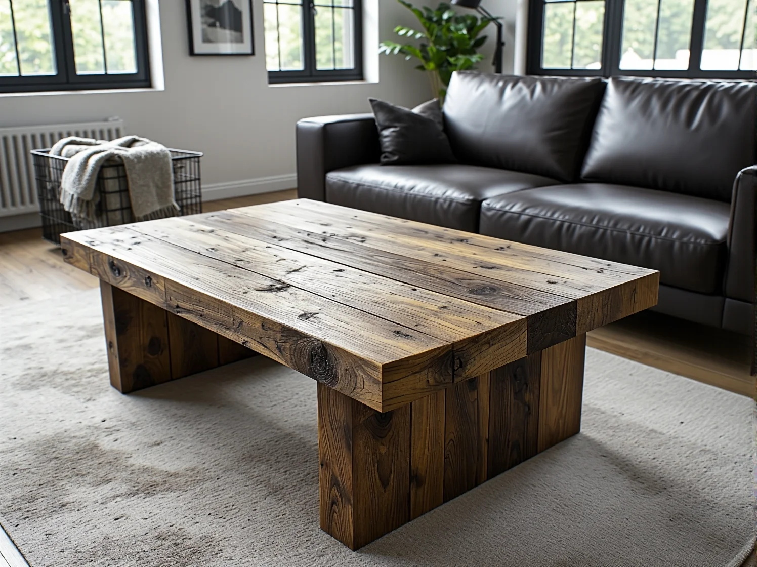 Stylowa komoda rustykalna w sypialni typu loft, połączenie drewna i metalu.