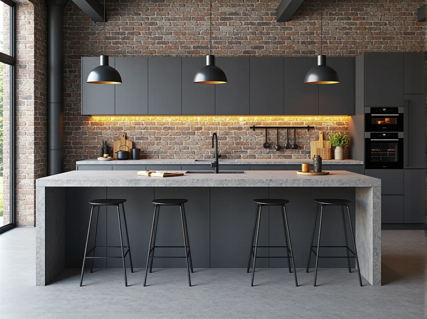 Industrialna kuchnia w bloku z czarnymi frontami i otwartymi półkami z drewna i metalu.