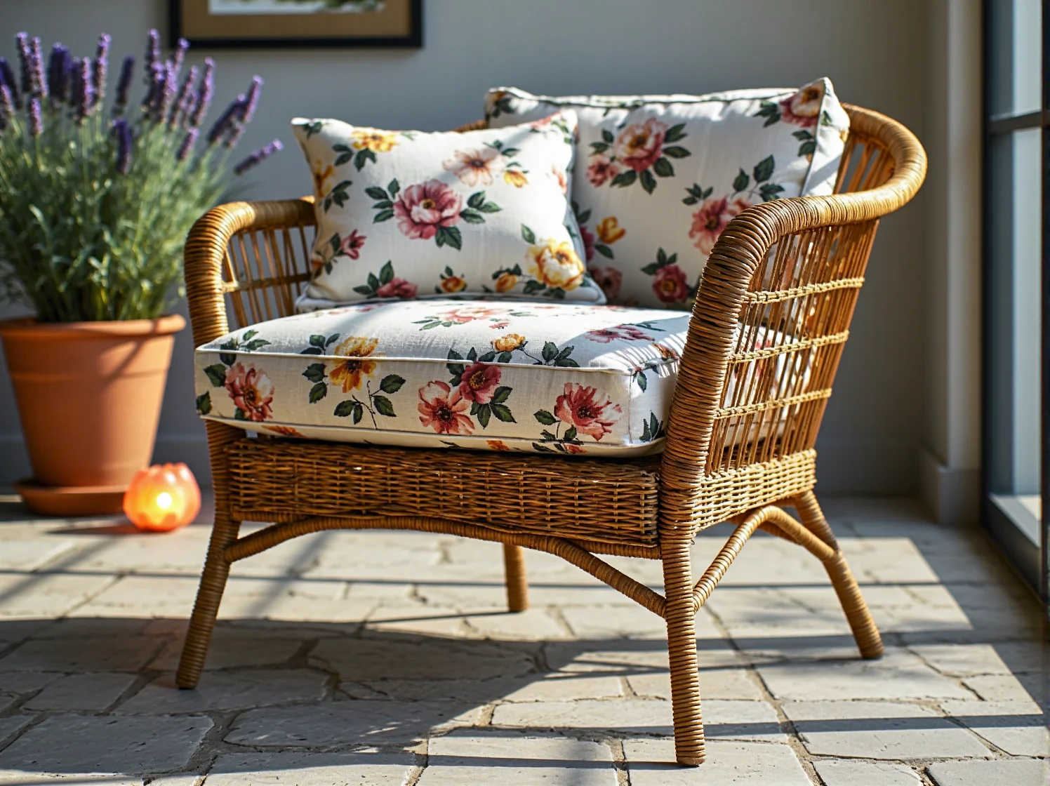 Zbliżenie na lampy LED kwiaty oświetlające kącik kawowy na tarasie prowansalskim.