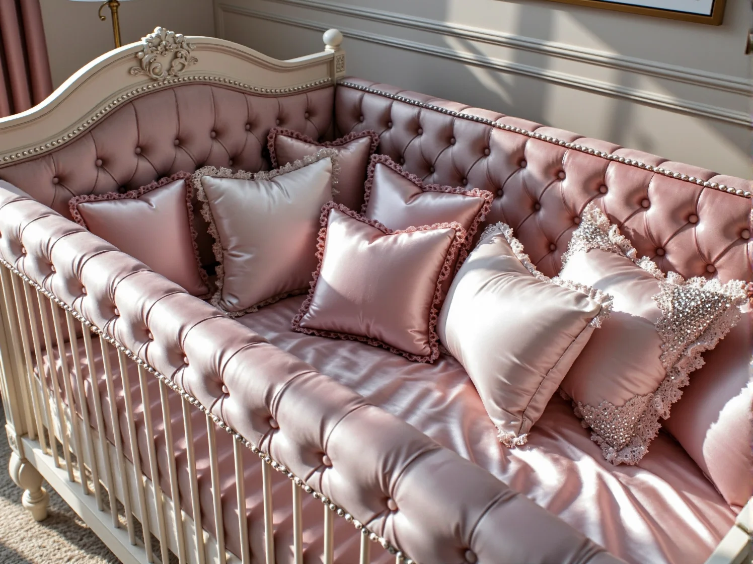 Stylowe łóżeczko niemowlęce glamour z pikowanym zagłówkiem i ozdobnymi kryształkami.