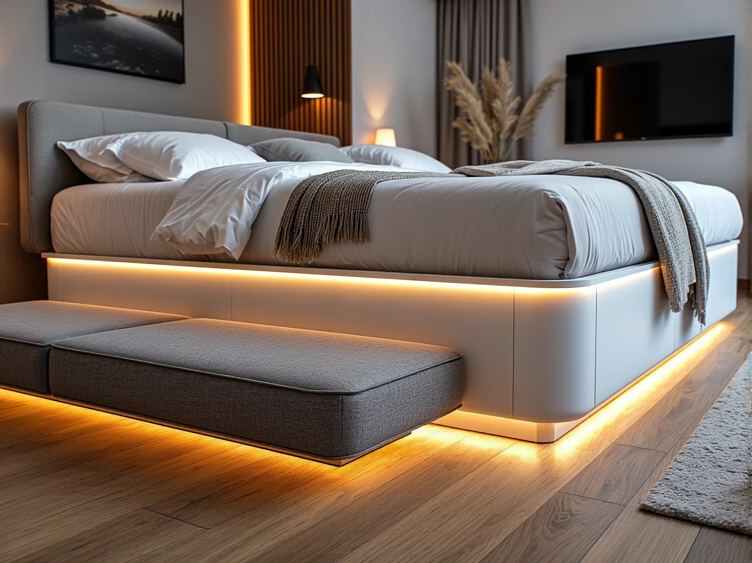 Komfortowe łóżko inteligentne z funkcją monitorowania jakości snu i regulacją stelaża.