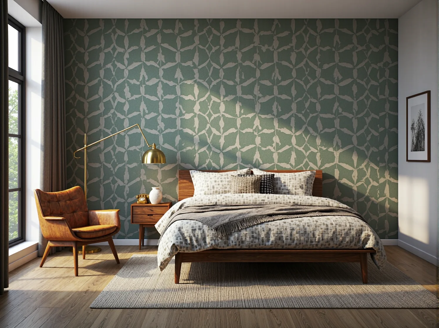 Łóżko kontynentalne w kolorze butelkowej zieleni z nóżkami w stylu mid-century modern