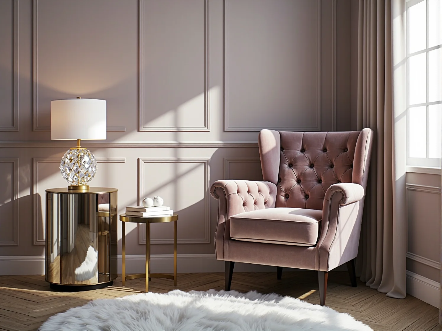 Kryształowy żyrandol i luksusowe dekoracje ścienne w pokoju dziecięcym glamour.