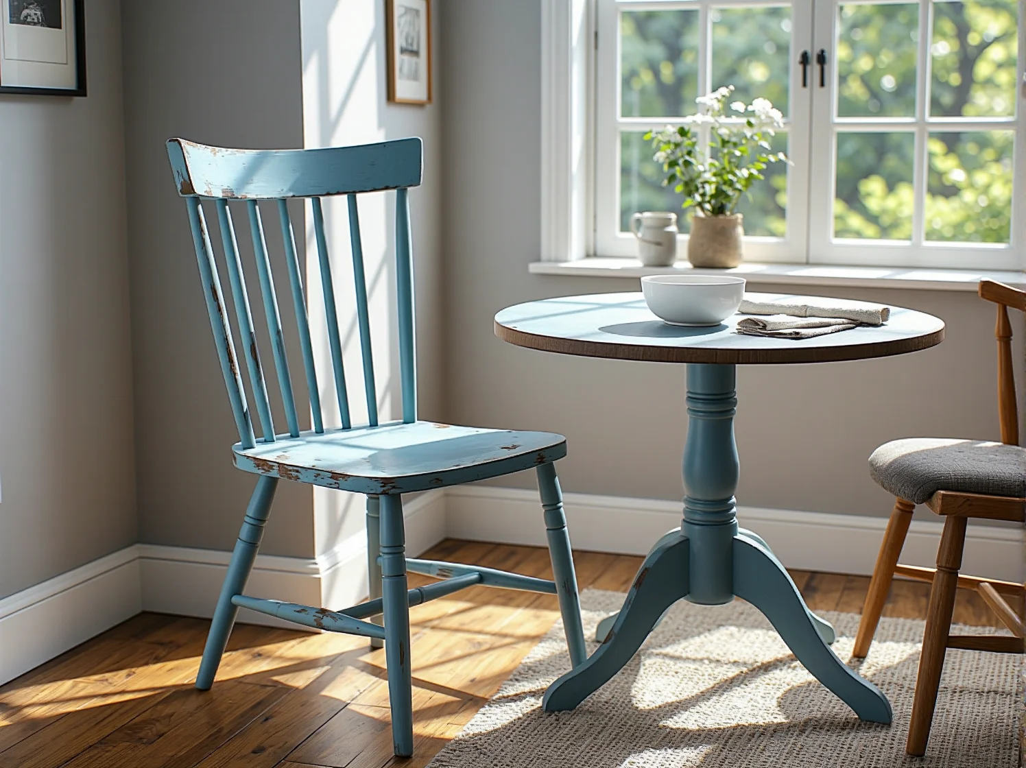 Zbliżenie na pędzel i puszkę farby kredowej podczas malowania drewnianego blatu stołu.