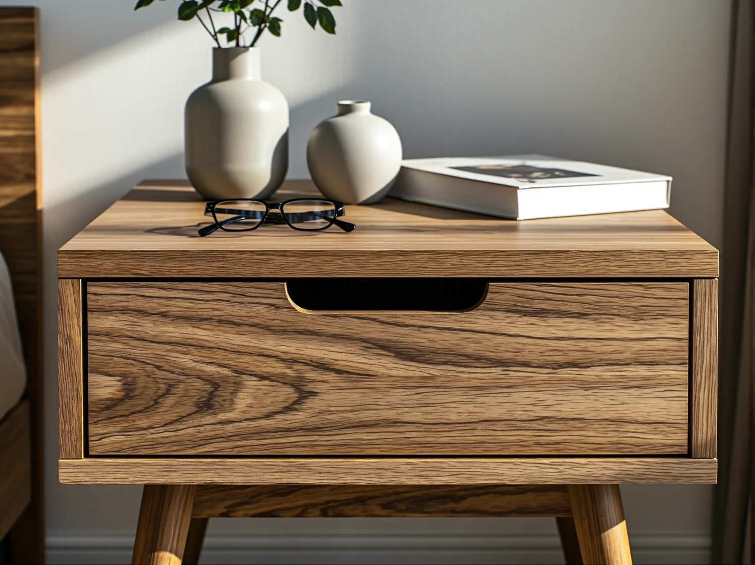 Proces malowania drewnianej szafki nocnej na szaro, skandynawski design i naturalne dodatki