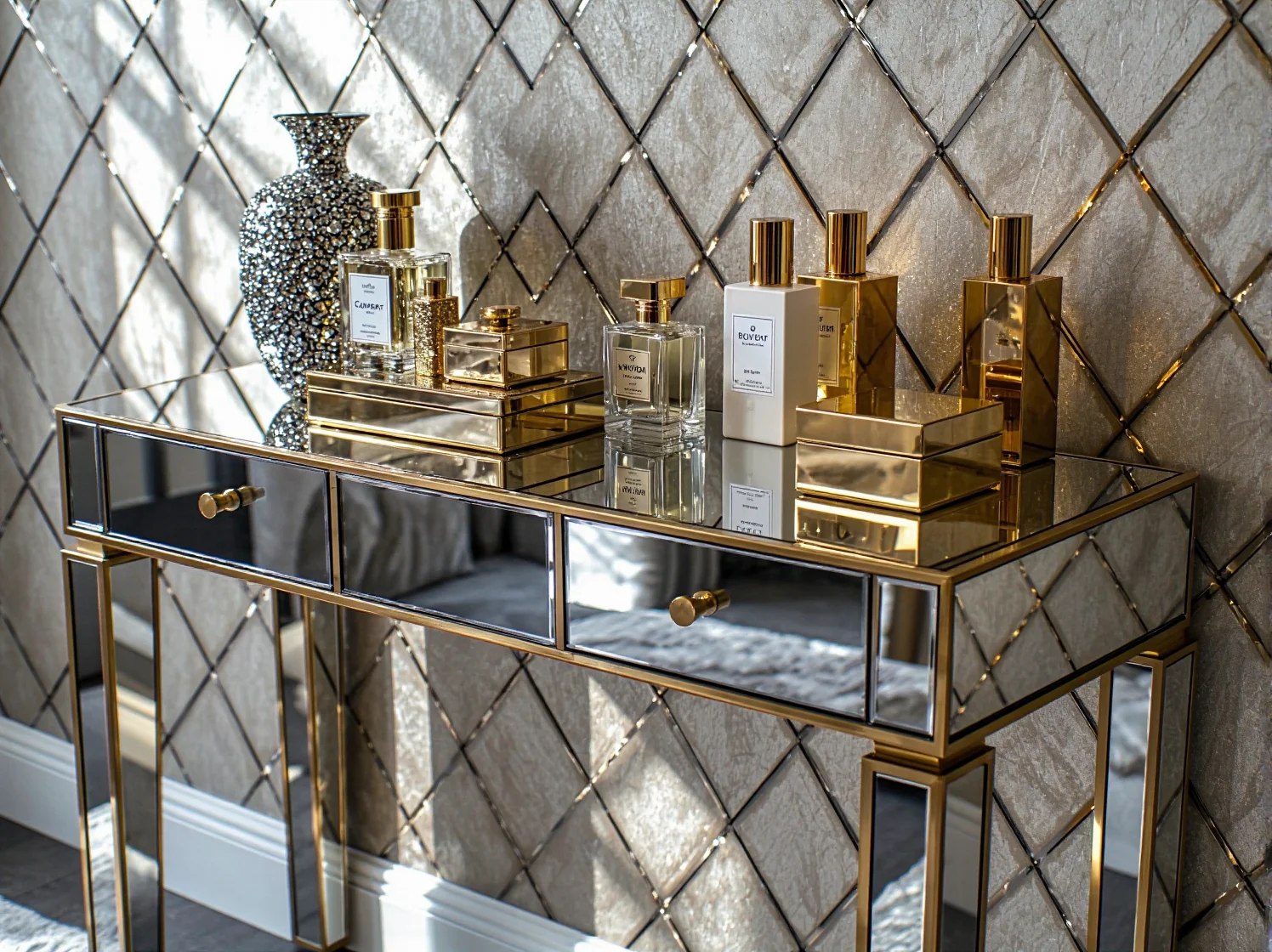 Stylowy marmur w aranżacji glamour: elegancki stolik kawowy i detale podkreślające luksusowy charakter.