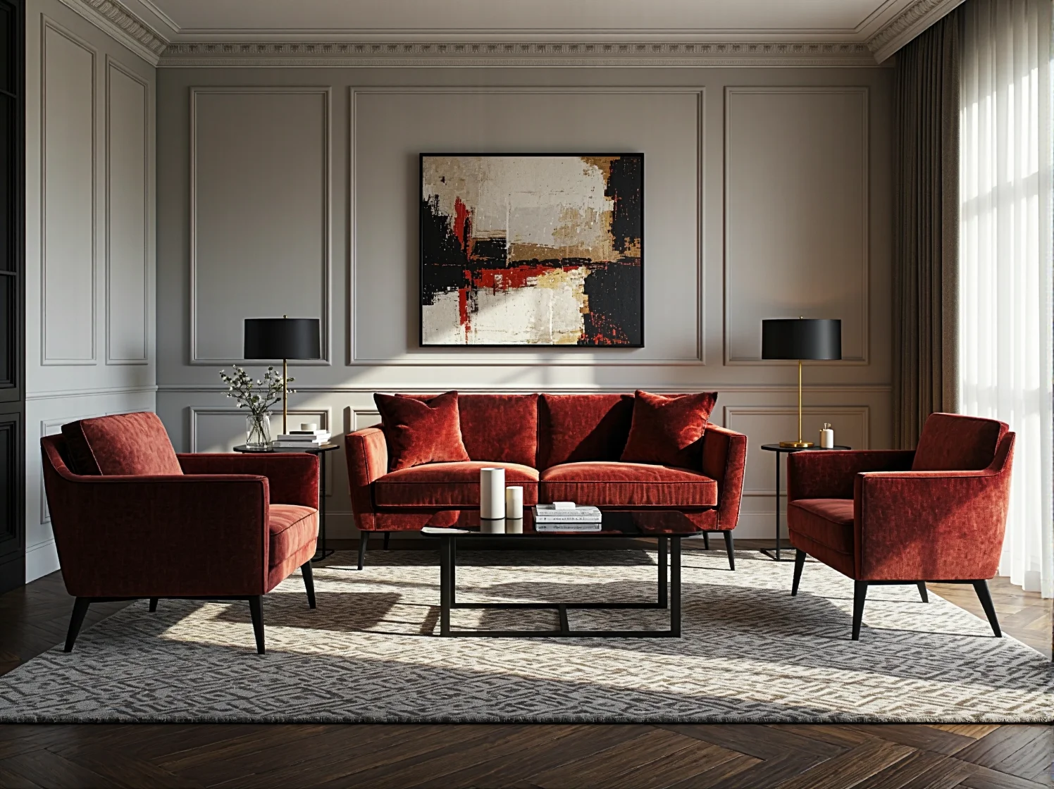 Eleganckie meble hotelowe w stylu glamour – welurowe fotele i marmurowy stolik