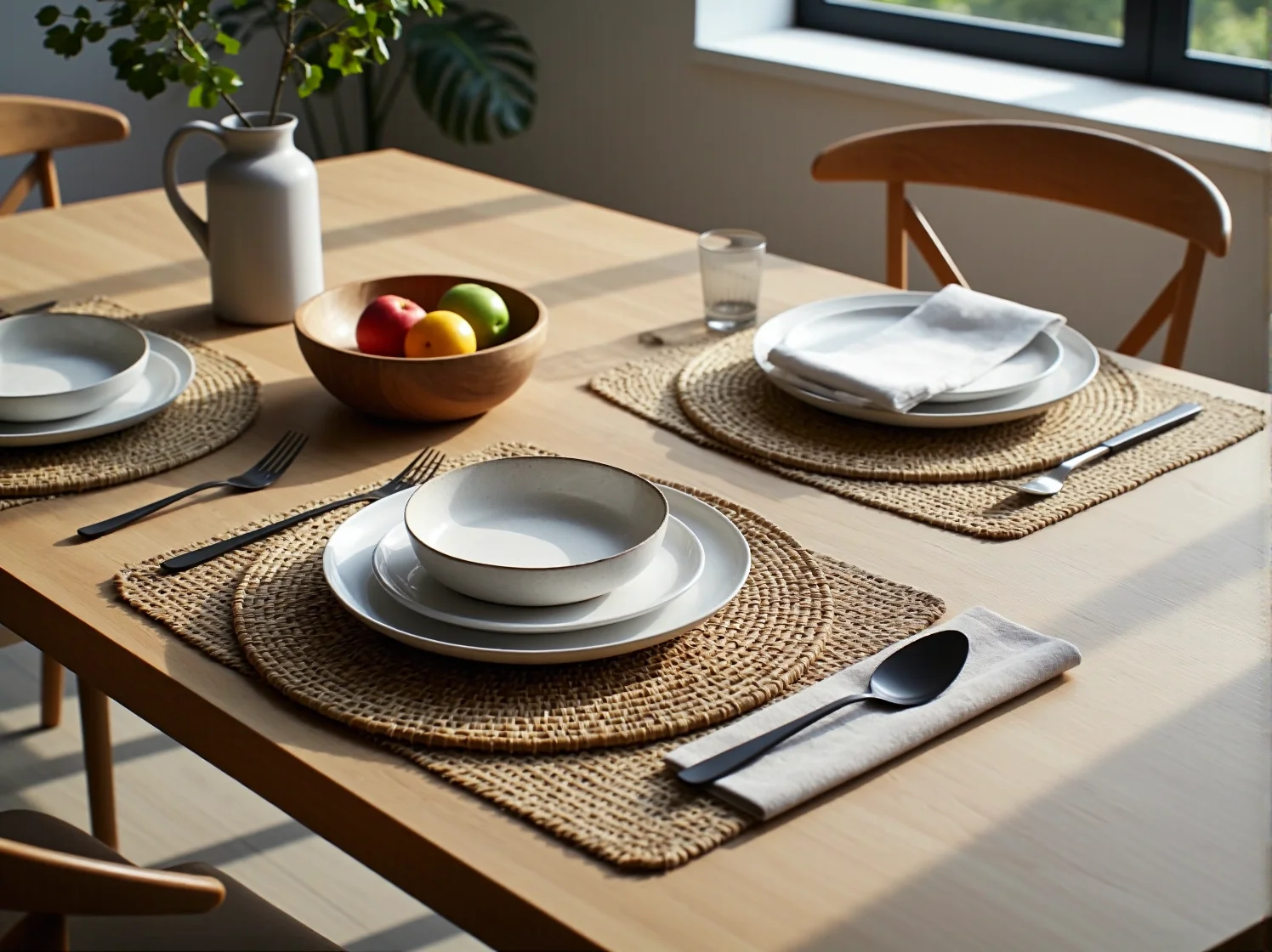 Biały stół jadalniany i drewniane krzesła – funkcjonalne meble do skandynawskiej jadalni.