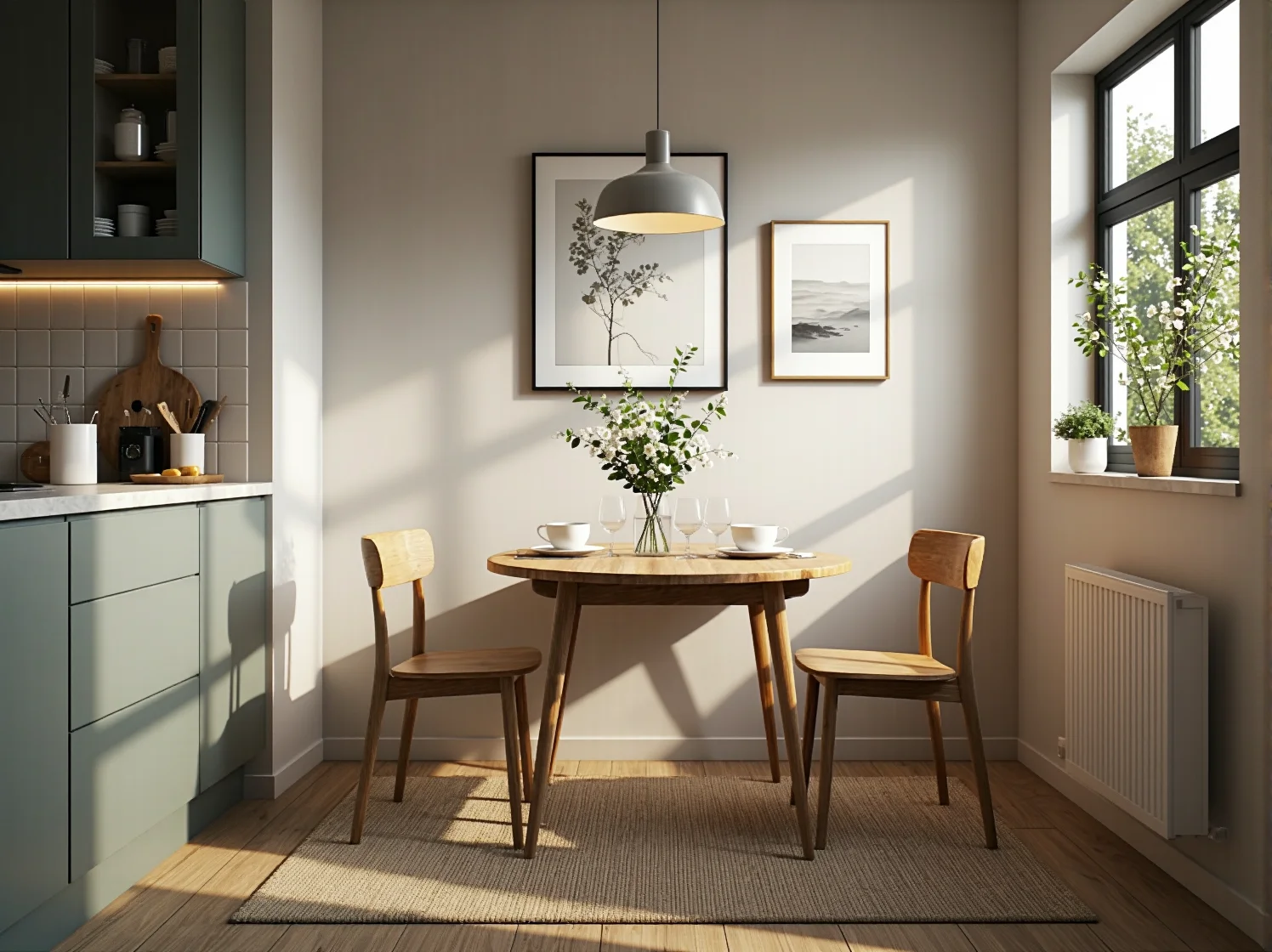 Inteligentne systemy przechowywania w szafkach narożnych w kompaktowej kuchni.