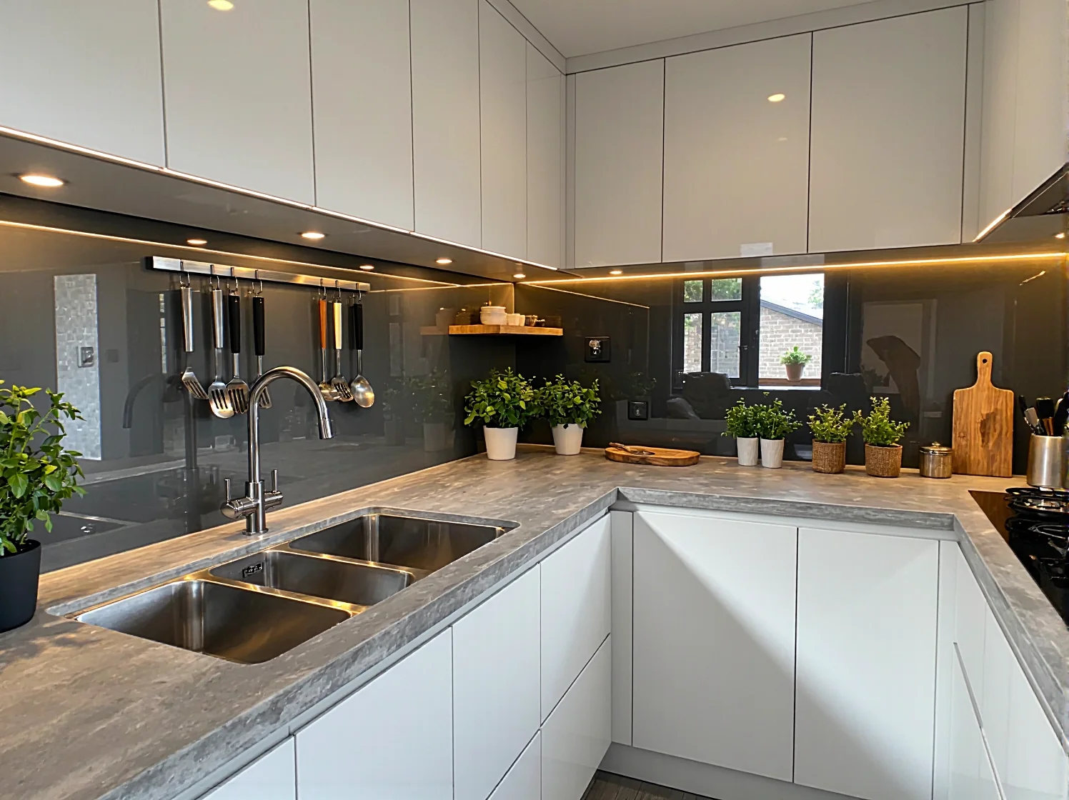 Praktyczne meble do małej kuchni z wysoką zabudową pod sufit, oszczędzające miejsce.